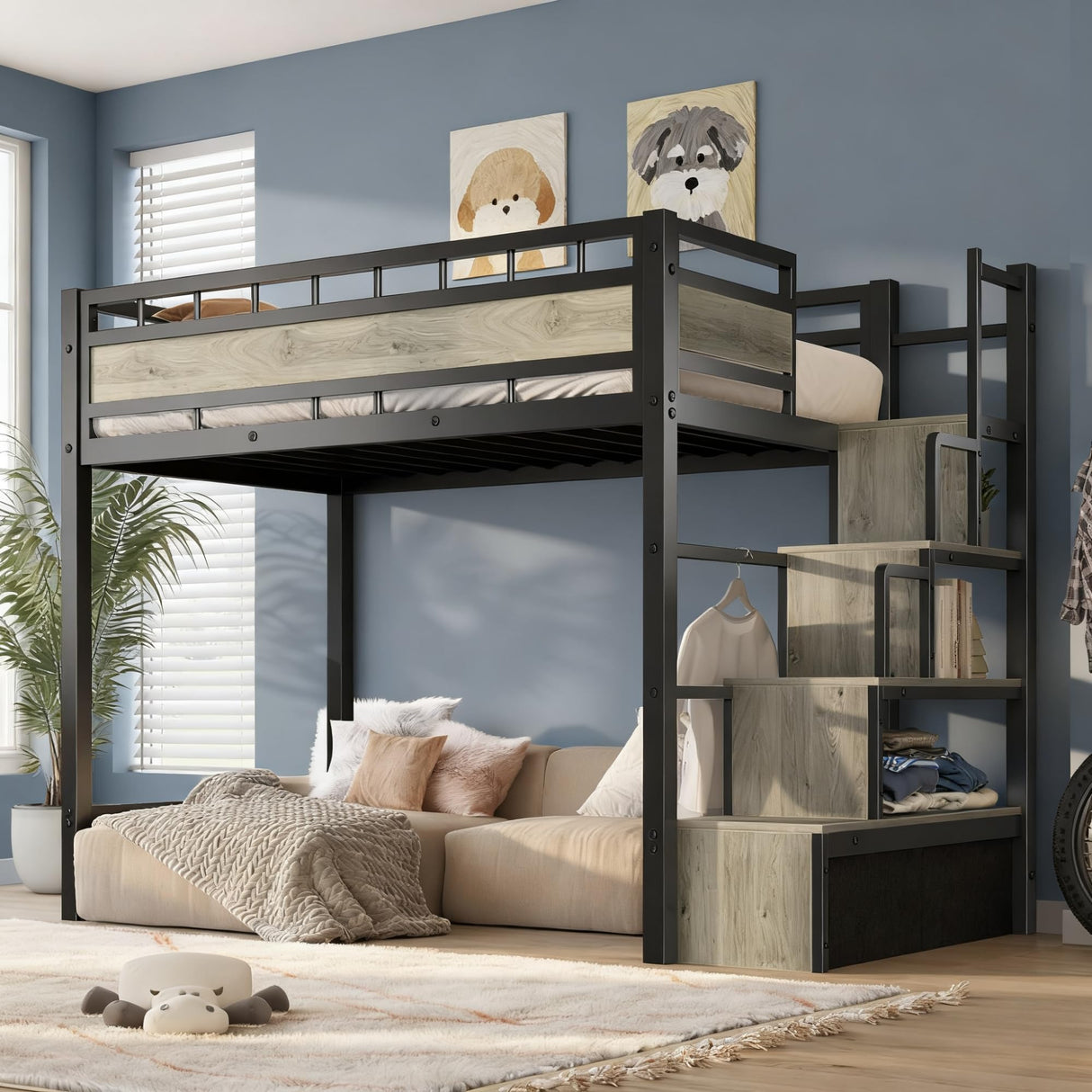 SogesGame Loft Bed with Stairs, Twin Loft Bed with Storage Drawers, Loft Bed for Kids and Teens, Space-Saving Heavy-Duty Bed Frame, No Box Spring Needed, Easy Assembly, Black SogesGame