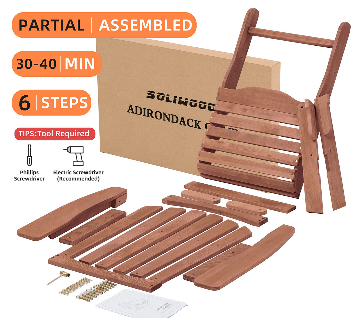 Oversize Wooden Folding Adirondack Chair, Half Pre-Assembled Wood Lounge Chair for Outdoor Patio Garden Lawn Backyard Deck Pool Beach Firepit Wood-Natrl