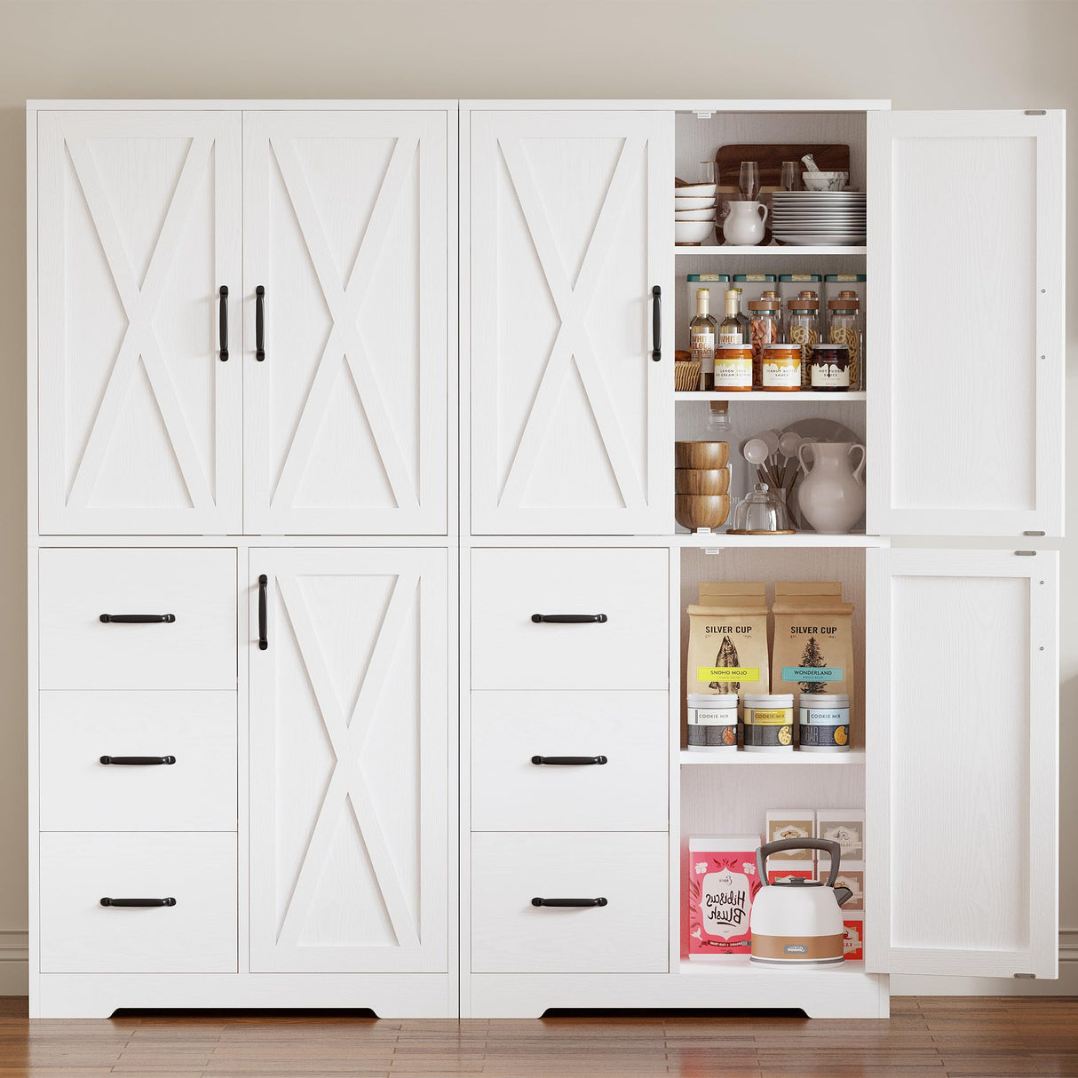 IRONCK Pantry Cabinet, 67.5 inch Tall Storage Cabinet with 3 Doors & Drawers, Farmhouse Kitchen Cabinet with Adjustable Shelves, 5 Tier Freestanding Cupboard for Kitchen IRONCK
