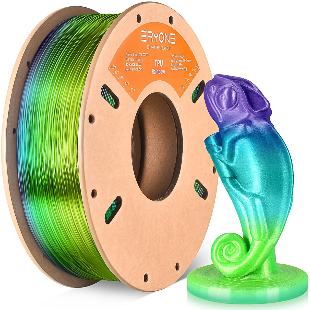 ERYONE TPU Filament 1.75mm +/-0.03mm Flexible TPU Roll, 95A Soft 3D Printer Filament 0.5kg Spool(1.1 lbs), Sea Glass Rainbow ERYONE
