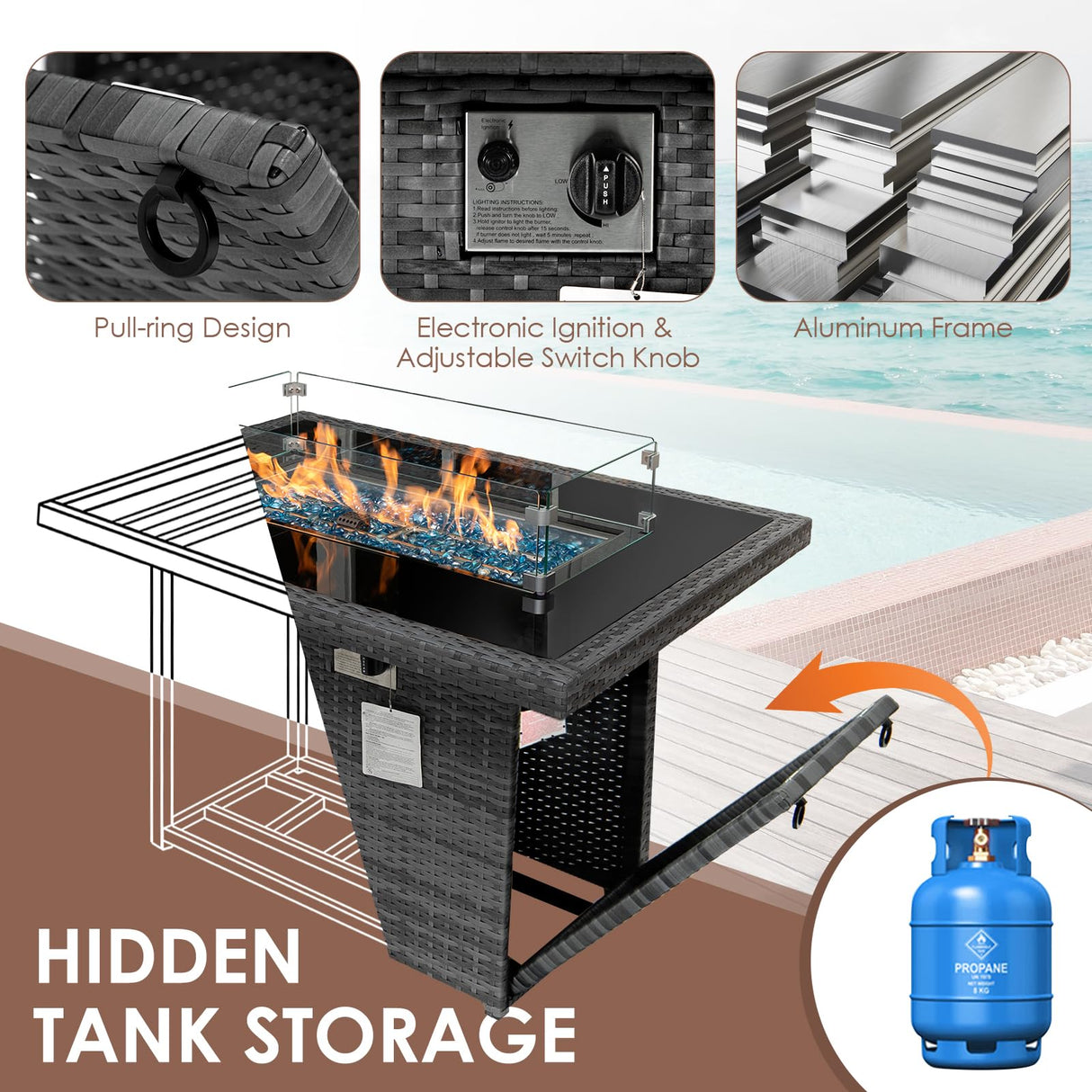 RADIATA PE Wicker Patio Furniture Set Sectional High Back Large Size Sofa Sets with Propane Fire Pit Table 55000 BTU Balcony Rattan Lounge Conversation Sets for Outdoor (11 Pieces,Dark Gray) RADIATA