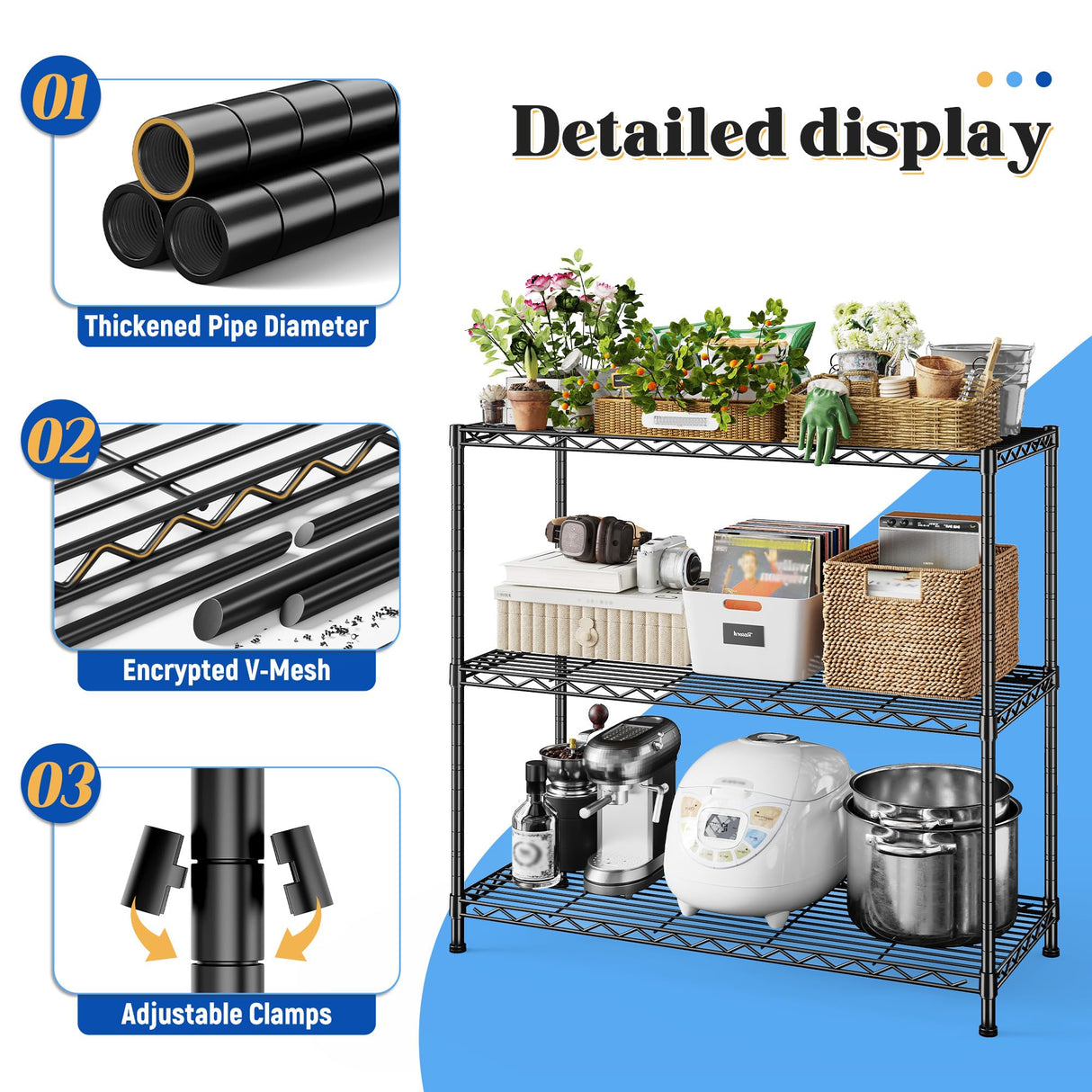 DurayLoly 3- Shelf Metal Shelving Unit 35.6Wx14Dx36H Adjustable Storage Shelves Heavy Duty Garage Shelving Steel Wire Shelving for Laundry Bathroom Kitchen Pantry Closet Garage Black DurayLoly