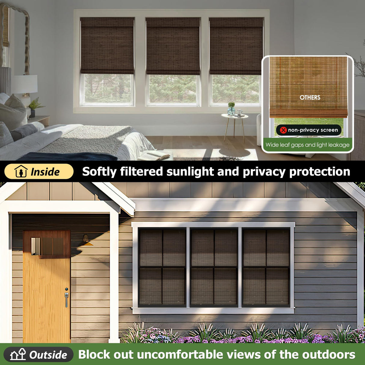 LazBlinds Cordless Bamboo Roman Shades, Privacy Blinds for Interior Windows, Room Darkening Roll Up Bamboo Blinds for Home & Patio, 33.5" W x 64" H, BDP-Espresso LazBlinds