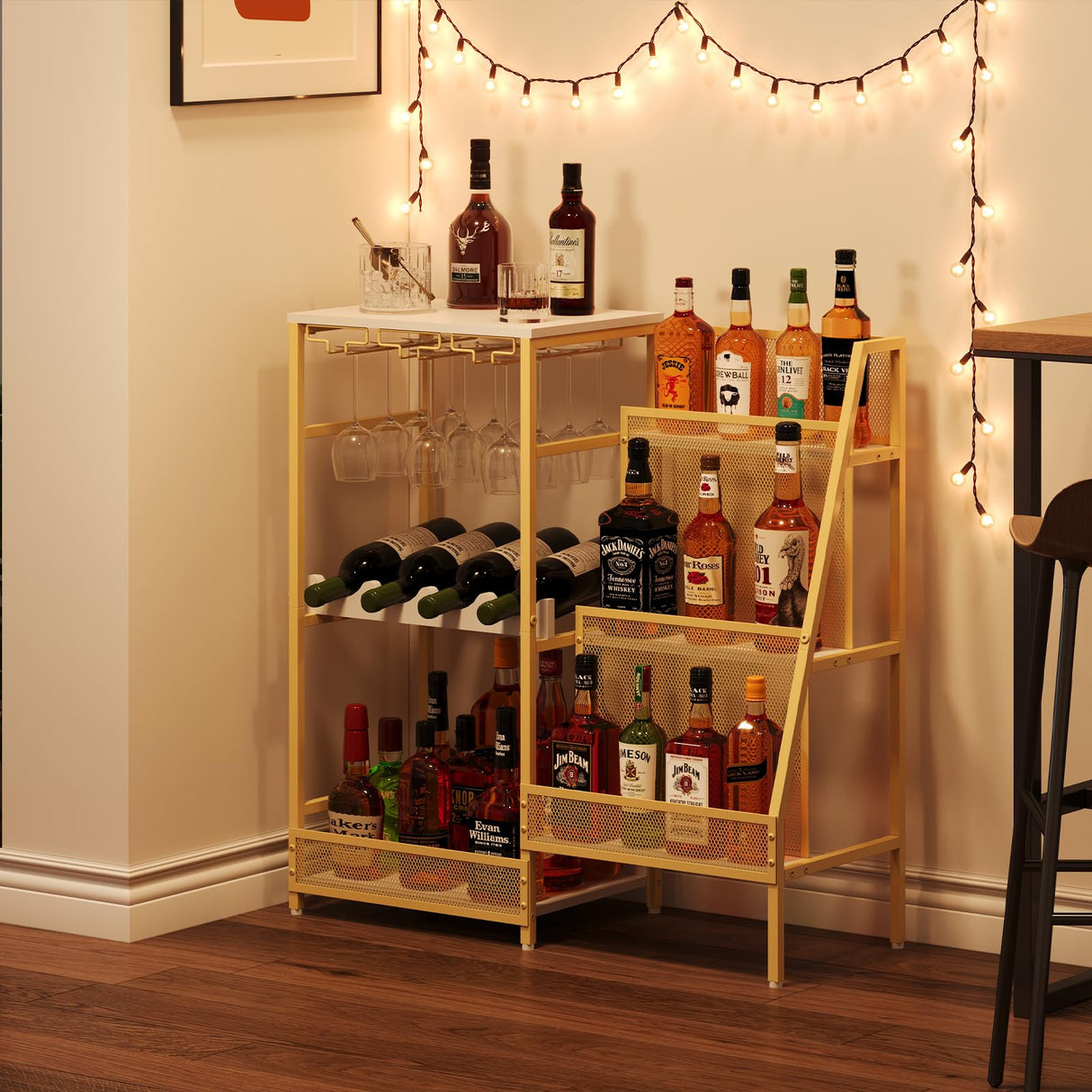 Gold Liquor Stand with Glass Holder, Multifunctional Wine Rack Freestanding Floor with Fences, Mini Bar Table for Liquor Whiskey Wine, 3-Tier Trapezoidal Liquor Cabinet for Home Bar (Patent Pending) Hayexiha