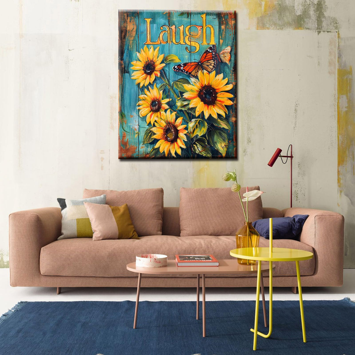 Yellow Sunflowers Paint by Numbers Laugh Paint by Numbers Kits Beginner Teal Wood Board Background Painting Inspirational Arts Craft ON Canvas for Home Decor Without Framed 16x20 Inch Tucocoo