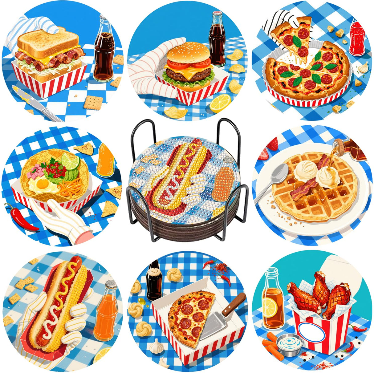 DOTZSO 8 Pcs Delicious Food Diamond Art Coaster Kits with Holder,Diamond Painting Coasters for Adults Beginners,Party Home Decor Abstract,Fun Gifts for Women DOTZSO