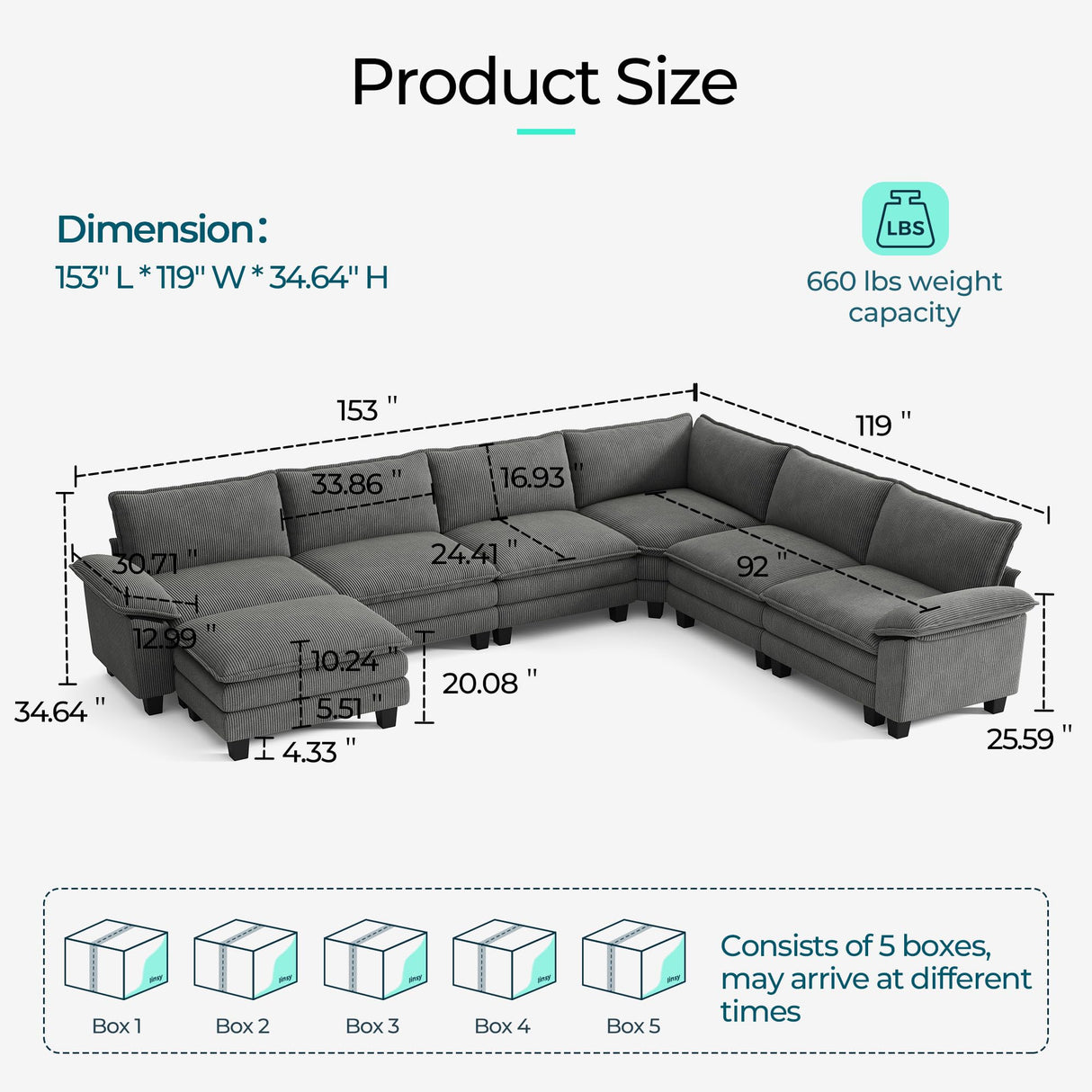 LINSY HOME Modular Sectional Sofa Couch Corduroy Cloud Couches for Living Room, V-Shaped Cloud Couch Sectional Sofas for Bedroom and Apartment, Grey LINSY HOME