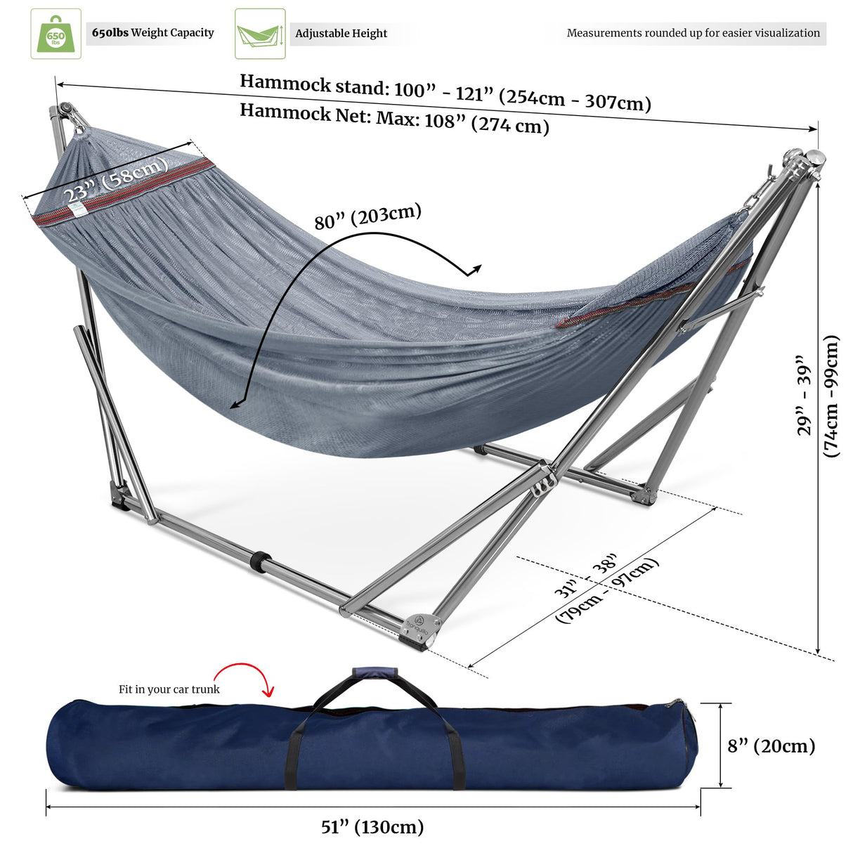 Tranquillo Double Hammock with Stand 650lb Capacity Double Hammock with Spreader Bar, Solid Grade 201 Stainless Steel 30s Set Up, Sturdy Flexible Hammock Stand Portable, Outdoor Indoor, Grey Tranquillo