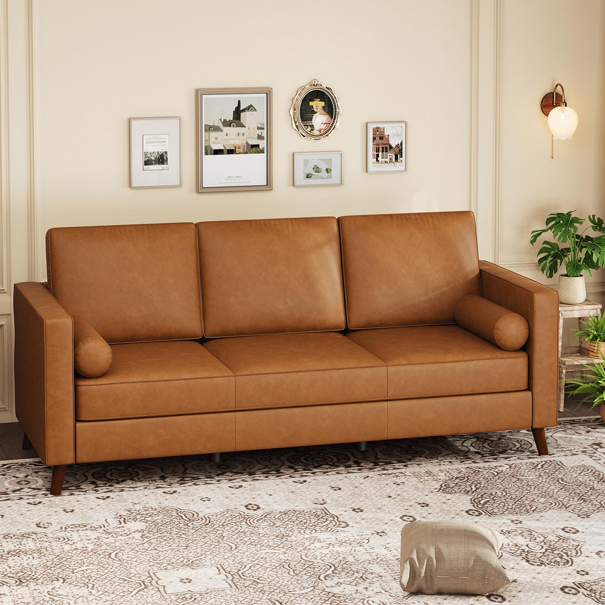GarveeHome 81" Leather Sofa for Living Room, Mid-Century Modern Couch with Deep Seats, Brown Faux Leather Couch, 3 Seat Sofa with Removable Cover for Apartment, Office, Cognac Tan GarveeHome