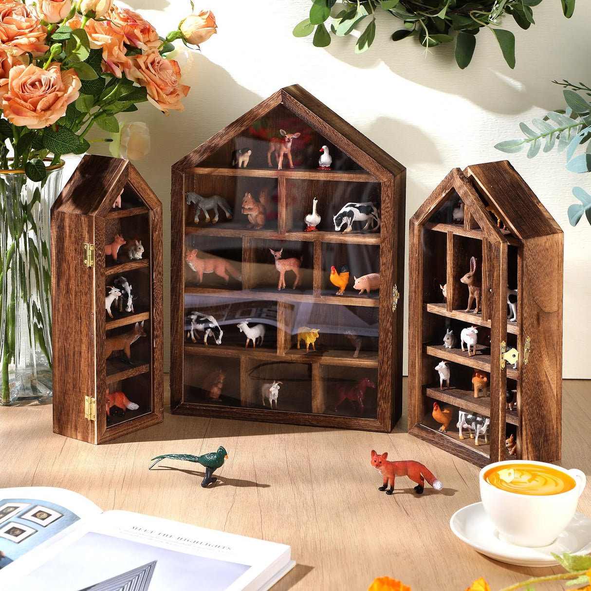 DoubleFill Set of 3 Shadow Cubby Boxes Wooden Display Shelf 10 x 15 Inch Large Wall Mounted Display Storage Shelves for Mini Figures Curio Trinket Medals Crafts Collections(Brown,House Shape) DoubleFill