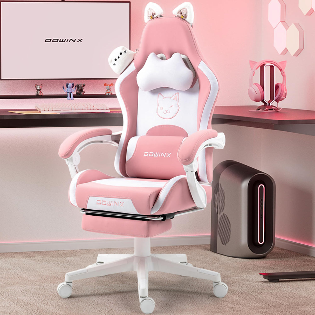 Dowinx Gaming Chair Cute with Cat Ears and Massage Lumbar Support, Ergonomic Computer Chair for Girl with Footrest and Headrest, Comfortable Reclining Game Chair 290lbs for Adult, Teen, Pink Dowinx