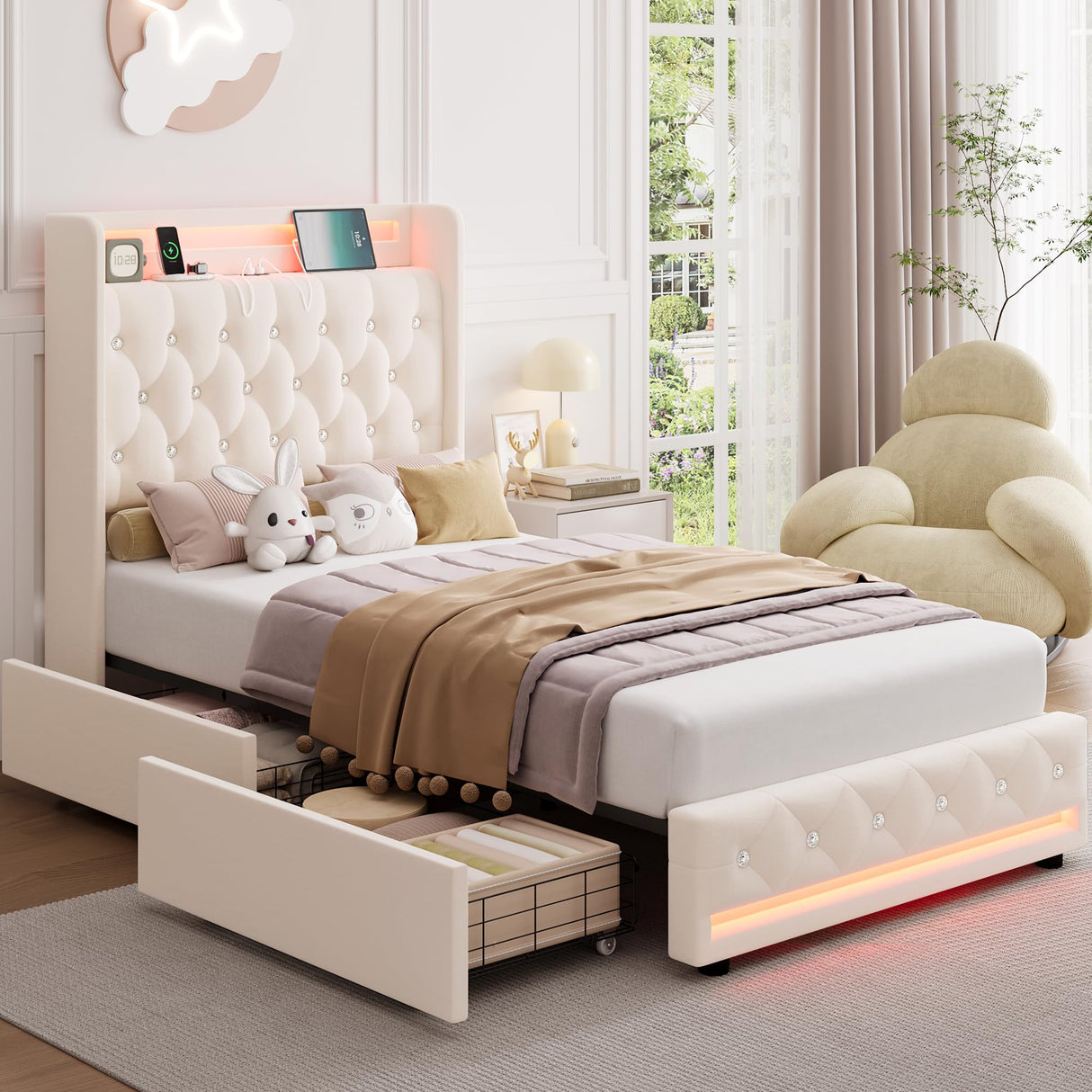 HIFIT Full LED Bed Frame with Charging Station and 4 Storage Drawers, Velvet Upholstered Platform Bed with Handcrafted Crystal Button Wingback Headboard, Metal Frame with No Box Spring Needed, Beige HIFIT