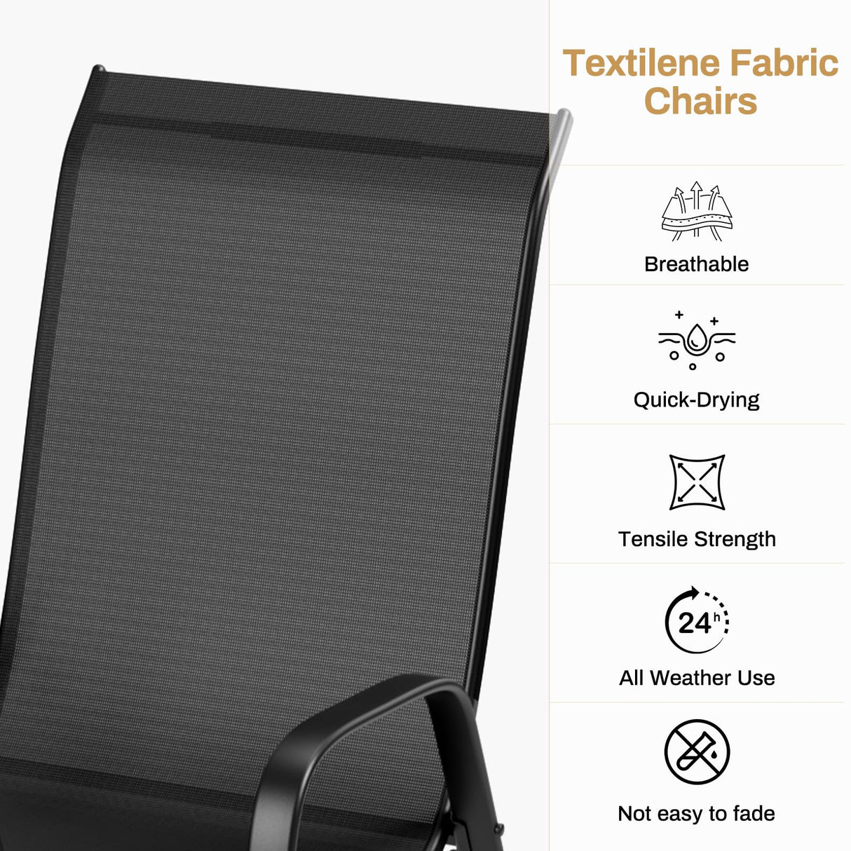 Arlopu 5 Piece Outdoor Patio Dining Set (Umbrella not Included), Porch Furniture with 4 Textline Chairs, 1 Square Glass Table for Garden, Backyard and Poolside, Lawn (Black) Arlopu