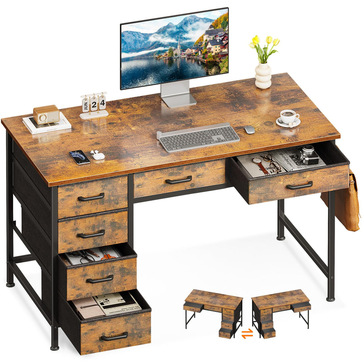 ODK Computer Desk with 6 Drawers, 40 Inch Small Desk with Storage, Reversible Desk with Headphone Hook for Home Office, Work Study Table for Bedroom, Rustic Brown ODK