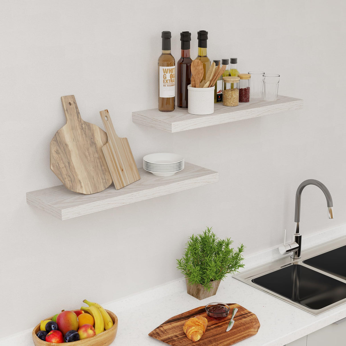 Fun Memories 24W x 9.3D Floating Shelves, 9.3" Deep Wall Shelves Set of 2, Farmhouse Rustic Wood Shelf 24 Inch Long, Large Display & Storage Shelves for Book, Living Room, Bathroom, Kitchen - Brich Fun Memories