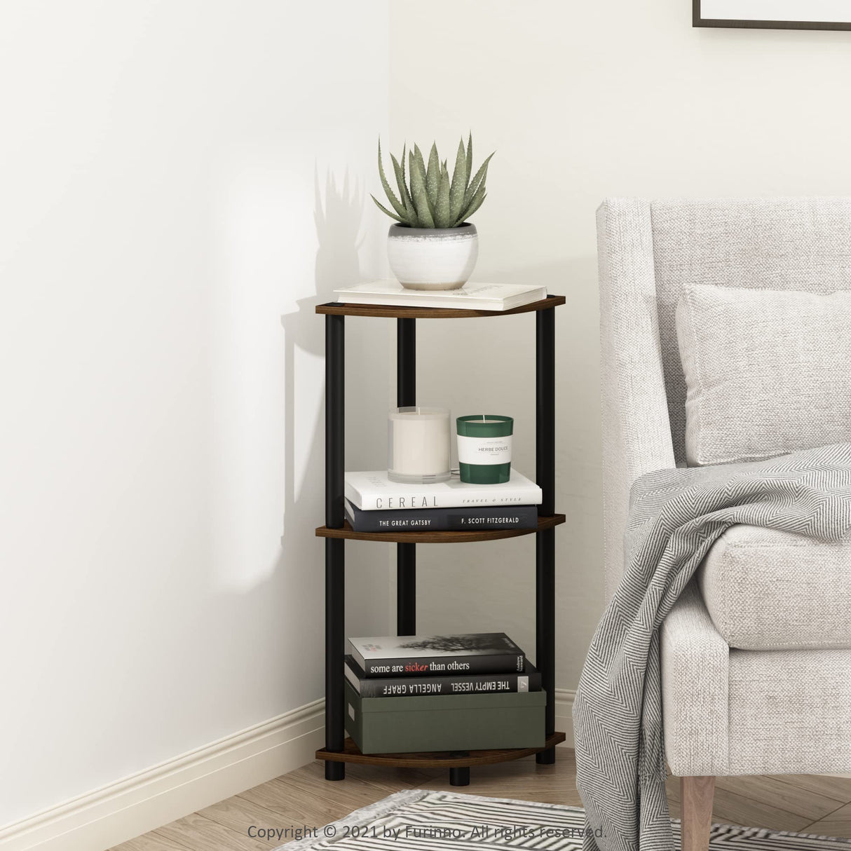 Furinno TURN-N-TUBE Corner Shelf, 3-Tier Corner Bookshelf, Display Storage Shelves with Open Shelves, for Organization and Storage, Living Room, Home Office, Garage, Amber Pine Furinno