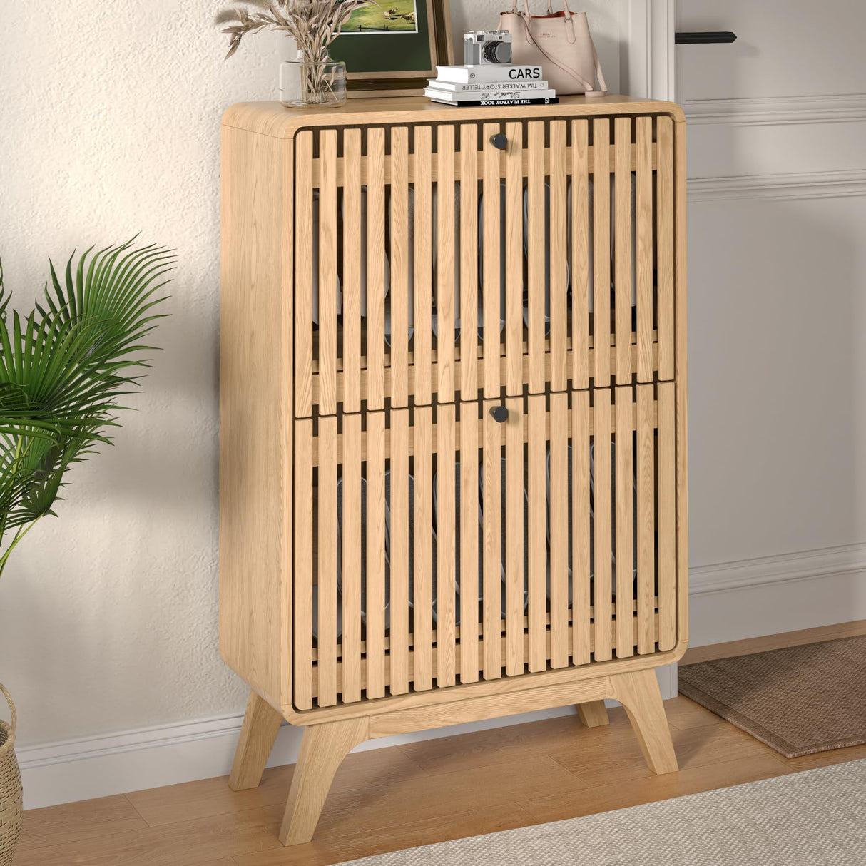 Jluomei Narrow Shoe Cabinet Storage for Entryway Slim, Wood Fluted Entry Way Shoe Organizer, Modern Rack Cabinet with 2 Flip Drawers, Wooden, Farmhouse, Small, Freestanding, Oak, Natural Jluomei