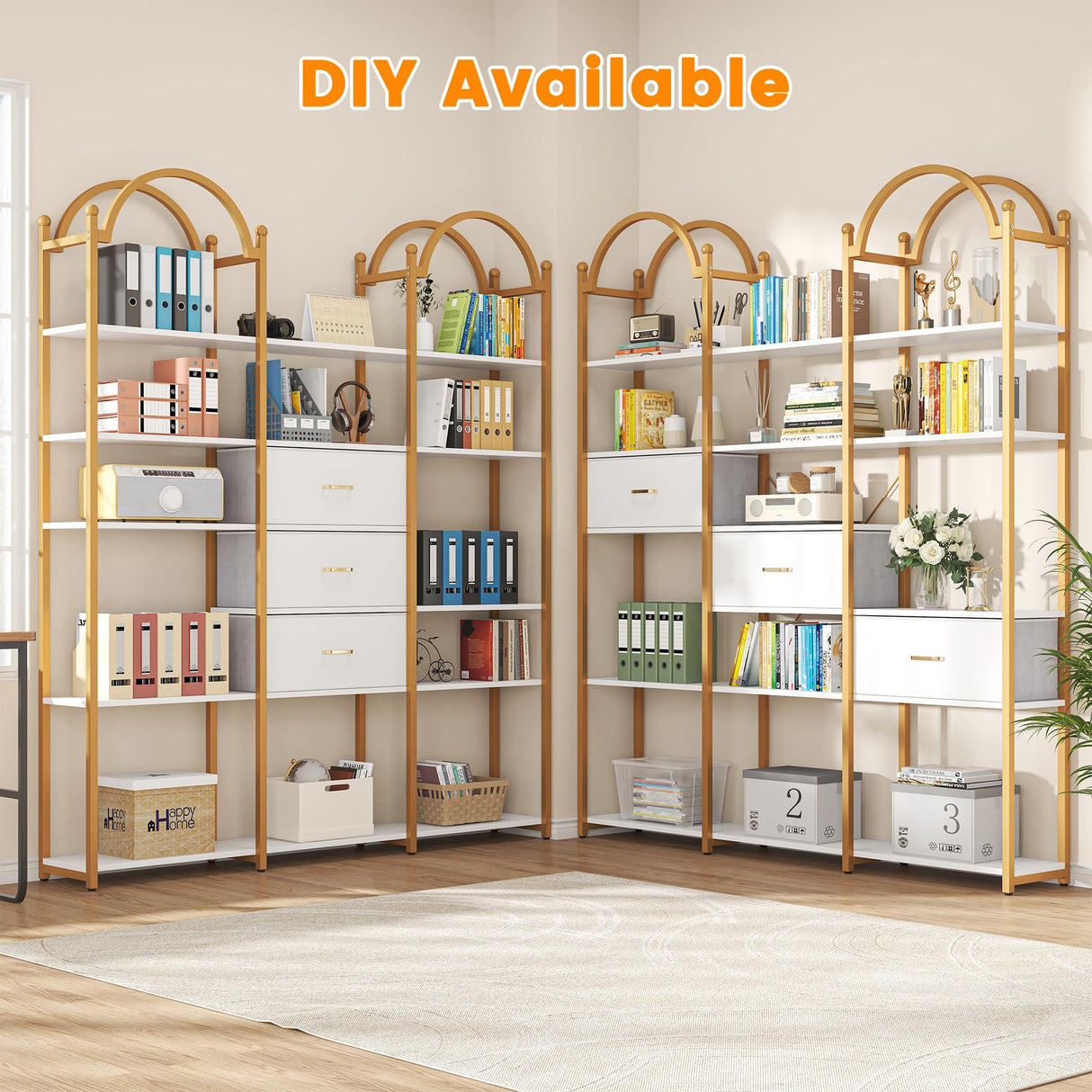 Semoic 83.5" Tall Arched Bookshelf, Triple Wide 6-Tier Large Open Book Shelf with 3 Drawers Storage, Etagere Bookcase with Display Shelf, Industrial Bookshelf with Metal Frame for Living Room, Gold Semoic