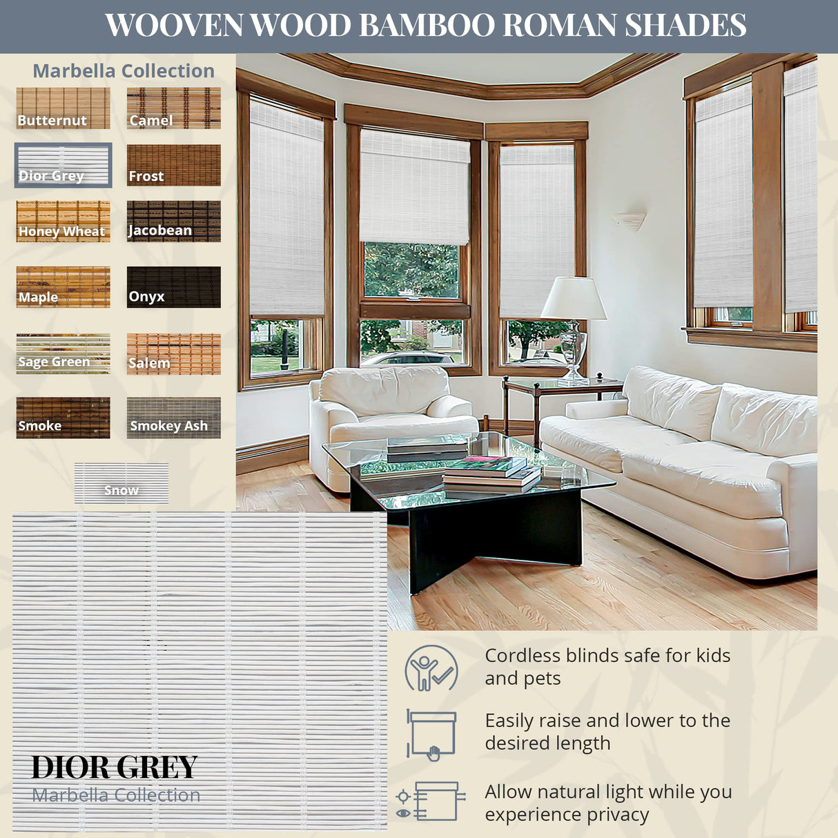 CHICOLOGY Bamboo Blinds, Bamboo Shades, Custom Bamboo Shade, Cordless Bamboo Shades, Window Shade Roman, Patio Blinds and Shades, Porch Shades Outdoor Roll Up, Dior Grey, 27" W X 64" H CHICOLOGY