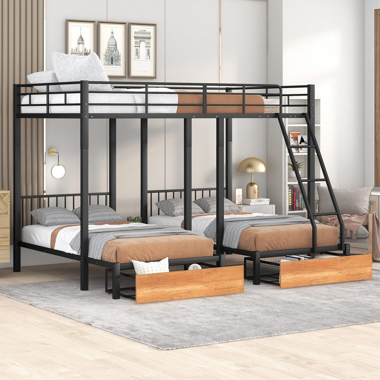 Merax Full Over Twin & Twin Triple Bunk Bed, Black Metal Bed Frame with Drawers and Guardrails Merax
