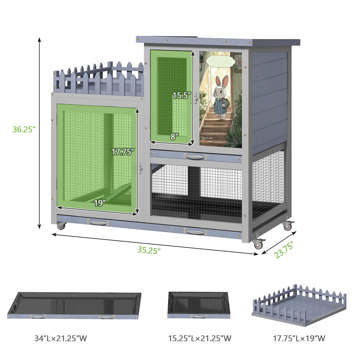 cozivvovv Wood Rabbit Hutch with Balcony - Small Animal House Bunny Cage on Wheels for Indoor Outdoor, Rabbit Cage Included Ramp, Pull Out Tray, (Grey with Pattern) COZIVVOVV