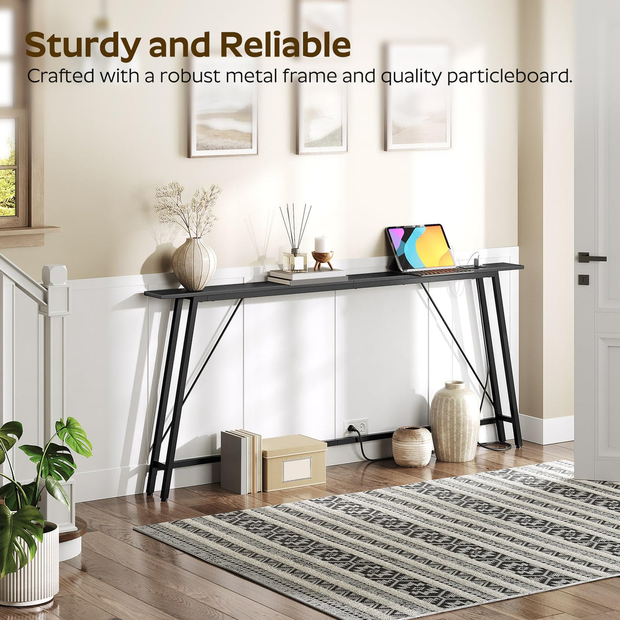 YATINEY 70.9" Skinny Console Table with Power Outlets, 5.9" Sofa Tables Narrow Long, Industrial Behind Couch Table, for Hallway, Entryway, Living Room, Black CT185UBB YATINEY