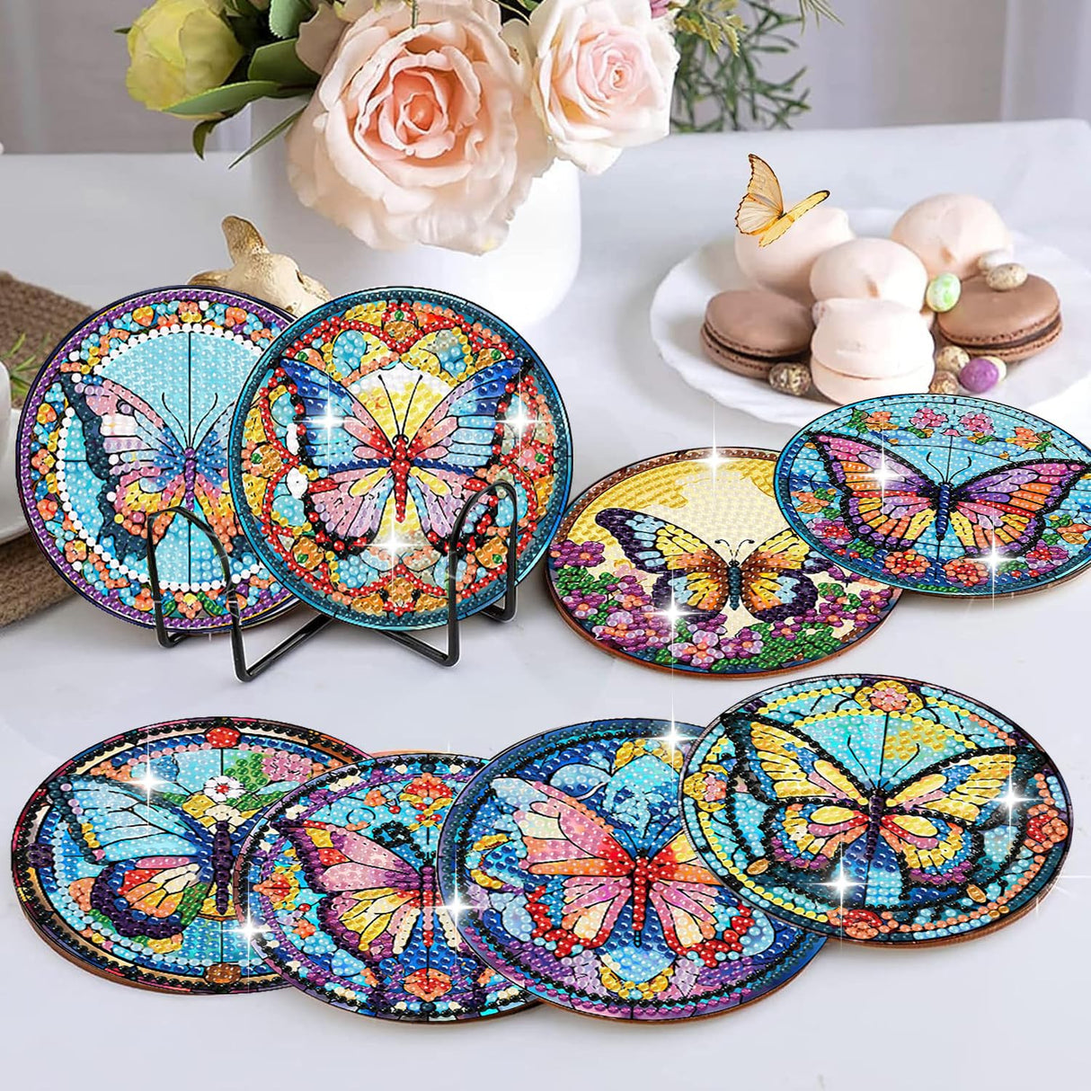 Zythron 8 PCS Butterfly Diamond Art Coasters Diamond Painting Coasters Kits with Holder Butterfly DIY Coaster for Beginners, Adults, Diamond Art Crafts Supplies 4x4 in Zythron