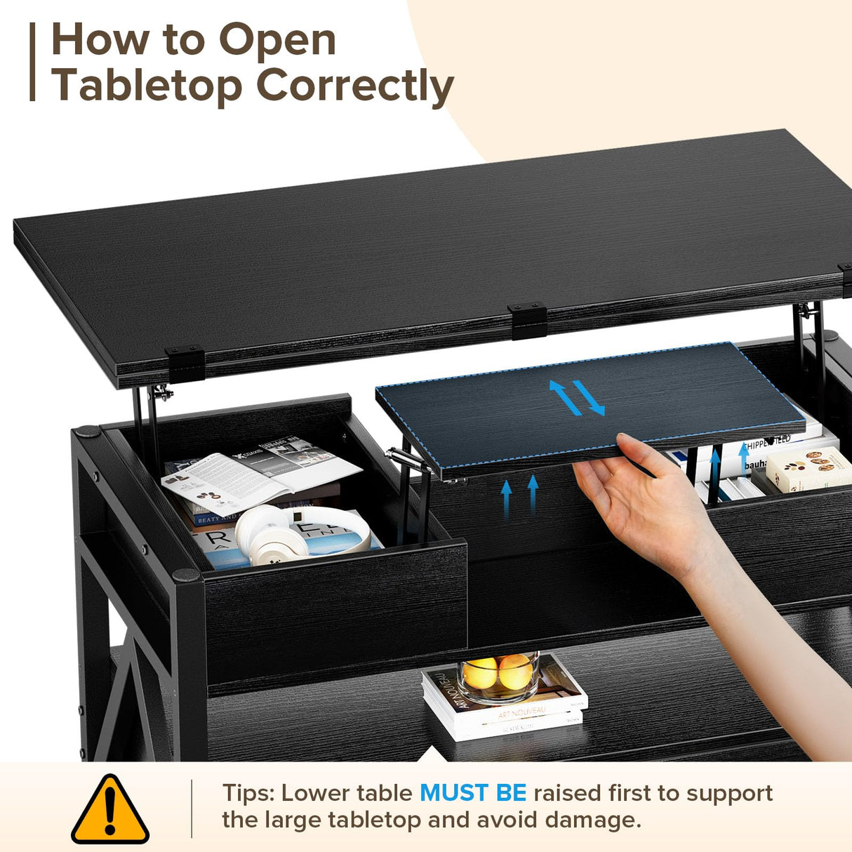 Memobarco 40" Lift Top Coffee Table,4 in 1 Multi-Function Lift Coffee Tables with Storage Drawers and Hidden Compartmen,Farmhouse Coffee Table with Lifting top for Living Room,Black Memobarco