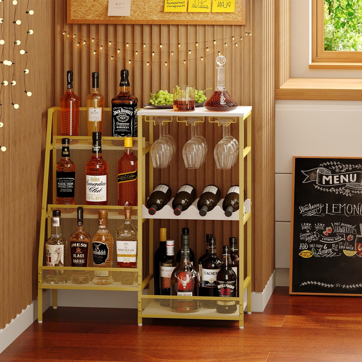 Gold Liquor Stand with Glass Holder, Multifunctional Wine Rack Freestanding Floor with Fences, Mini Bar Table for Liquor Whiskey Wine, 3-Tier Trapezoidal Liquor Cabinet for Home Bar (Patent Pending) Hayexiha
