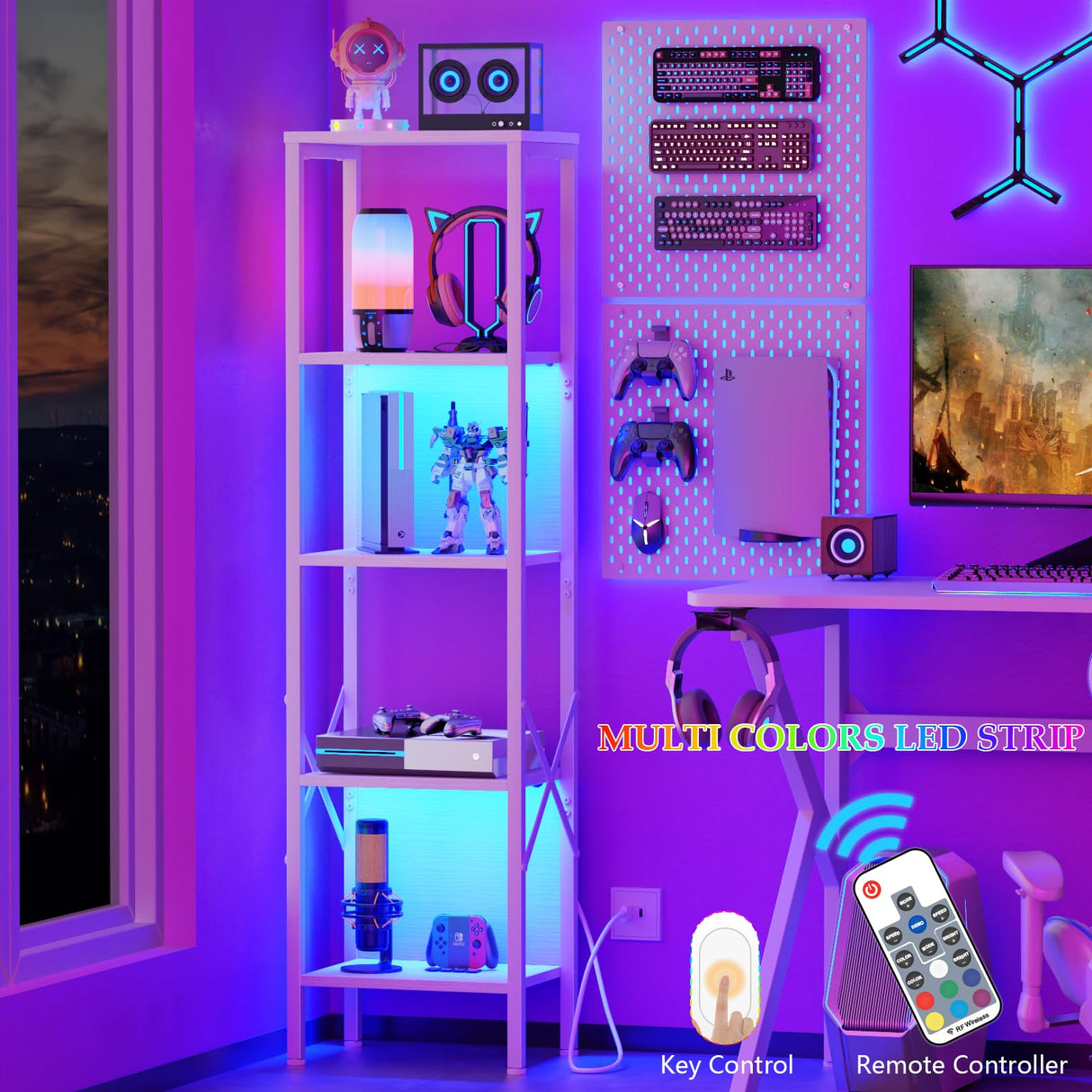 Furologee Bookshelf with LED Lights, 5 Tier Display Shelf with Back, Tall Narrow Bookcase, Modern Corner Standing Shelves, Metal and Wooden Storage Rack for Bedroom, Living Room, Office, White Furologee