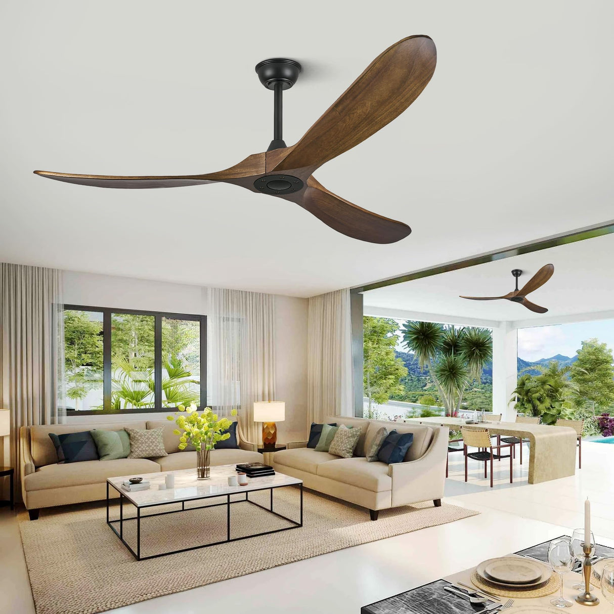 Haipeel 60" Wood Ceiling Fan no Light, 60 Inch Ceiling Fans without Lights with Remote Control, Indoor Outdoor Ceiling Fan no Light for Bedroom Porch Modern Propeller 3 Blade ETL DC Motor, Dark Walnut Haipeel
