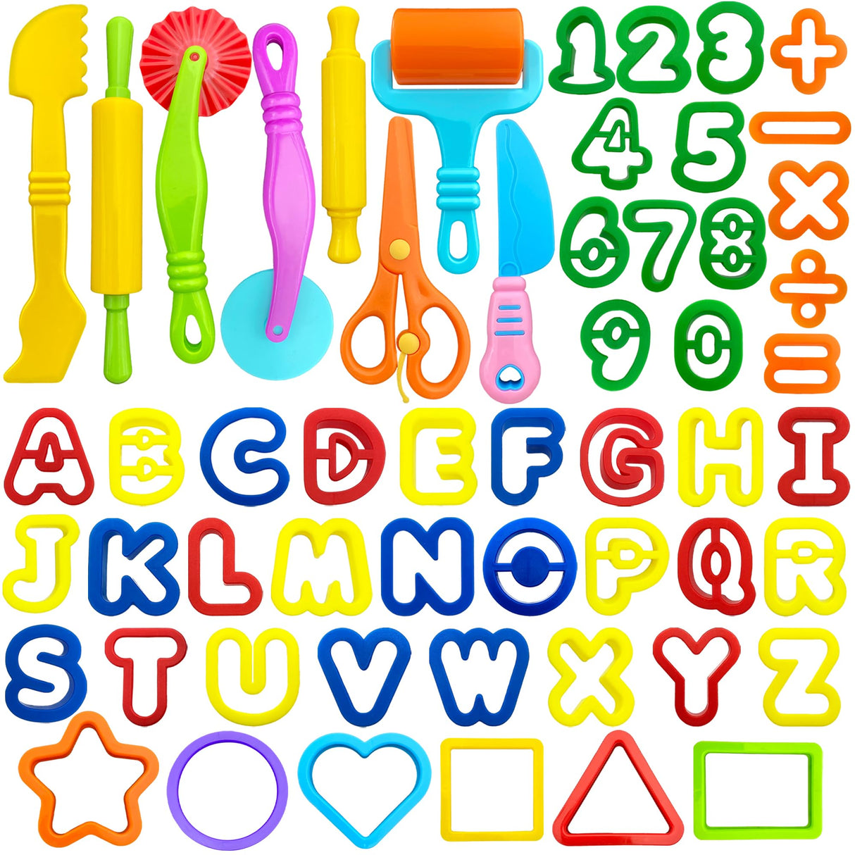 Playdough Tools 55 PCS Play Dough Tools Set for Kids, Play Dough Accessories Plastic Playdough Alphabet Numbers Shapes Cutters,Playdough Rollers,Dough Scissors iShyan