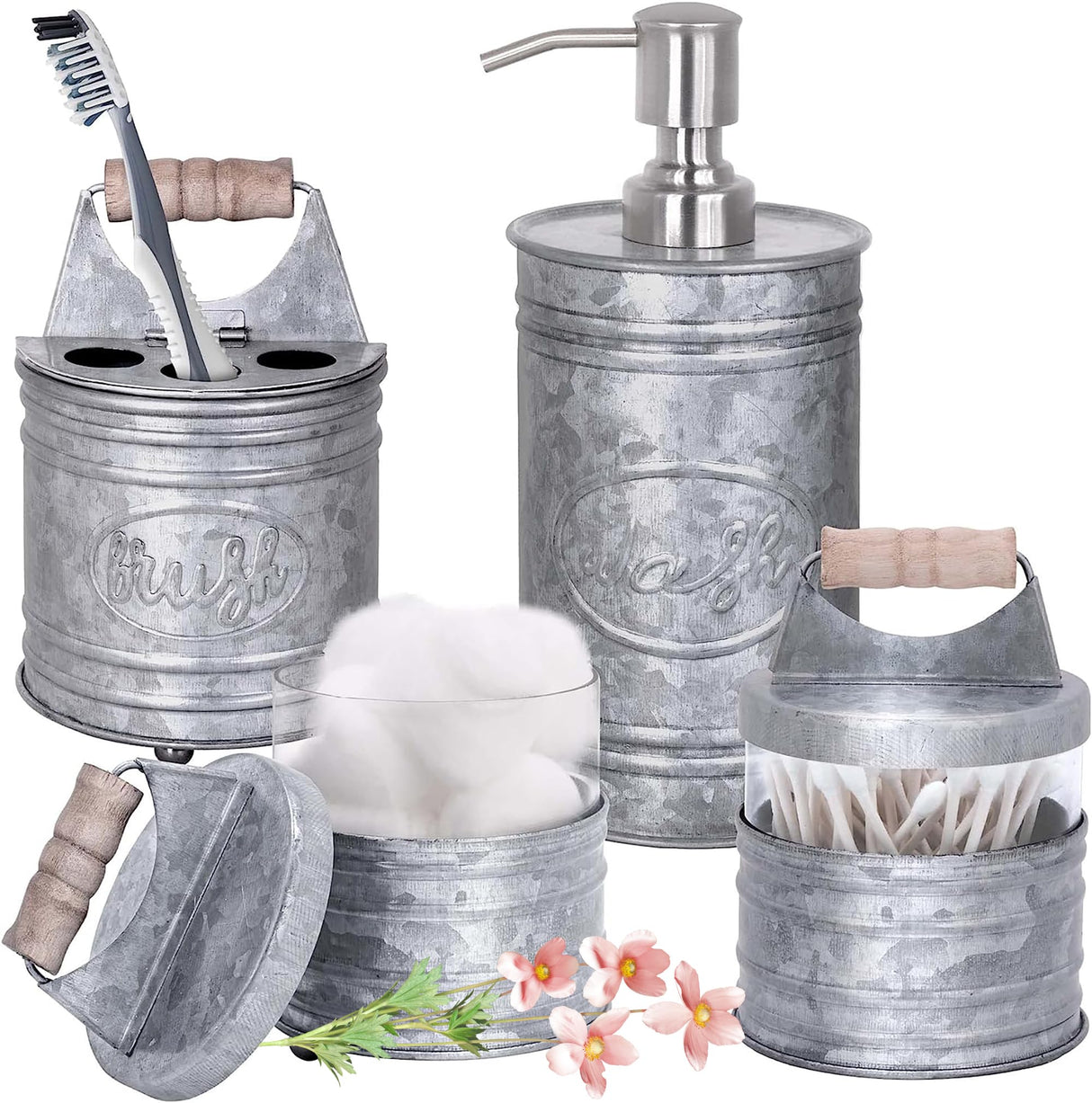 Autumn Alley Rustic Bathroom Accessories Set 4 - Galvanized Soap Dispenser, Rustic Toothbrush Holder, 2 Apothecary Jars Qtip Holder - Rustic Bathroom Decor – Farmhouse Bathroom Accessories Autumn Alley