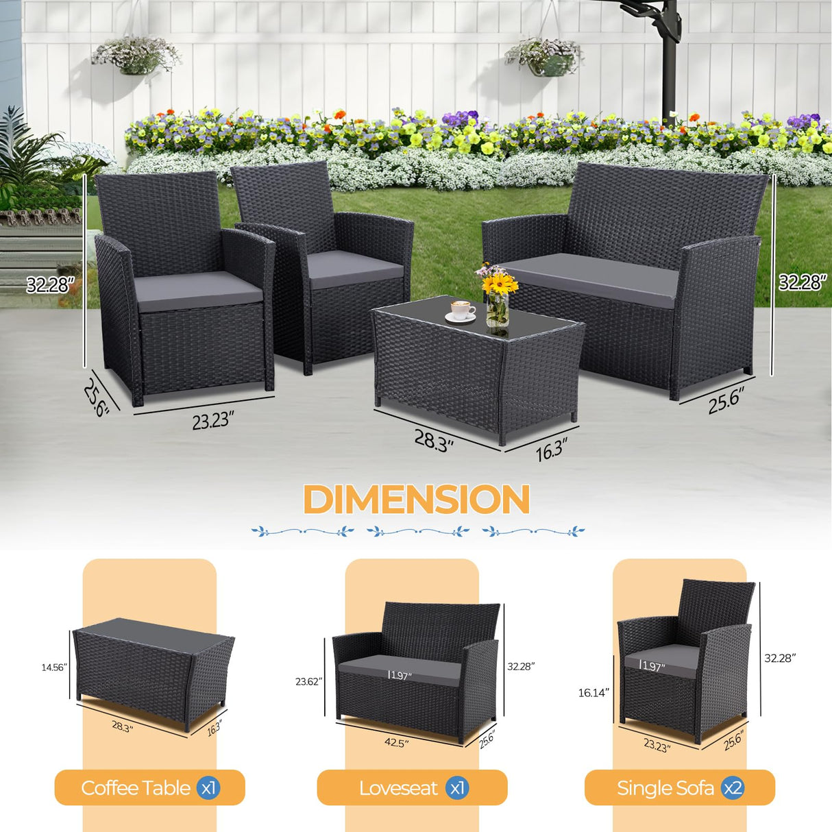 FHFO 4 Piece Outdoor Patio Furniture Sets, Outside Furniture Outdoor Sectional Wicker Conversation Sofa Set, Rattan Couch Set for Balcony Porch Backyard (Black-Grey) FHFO