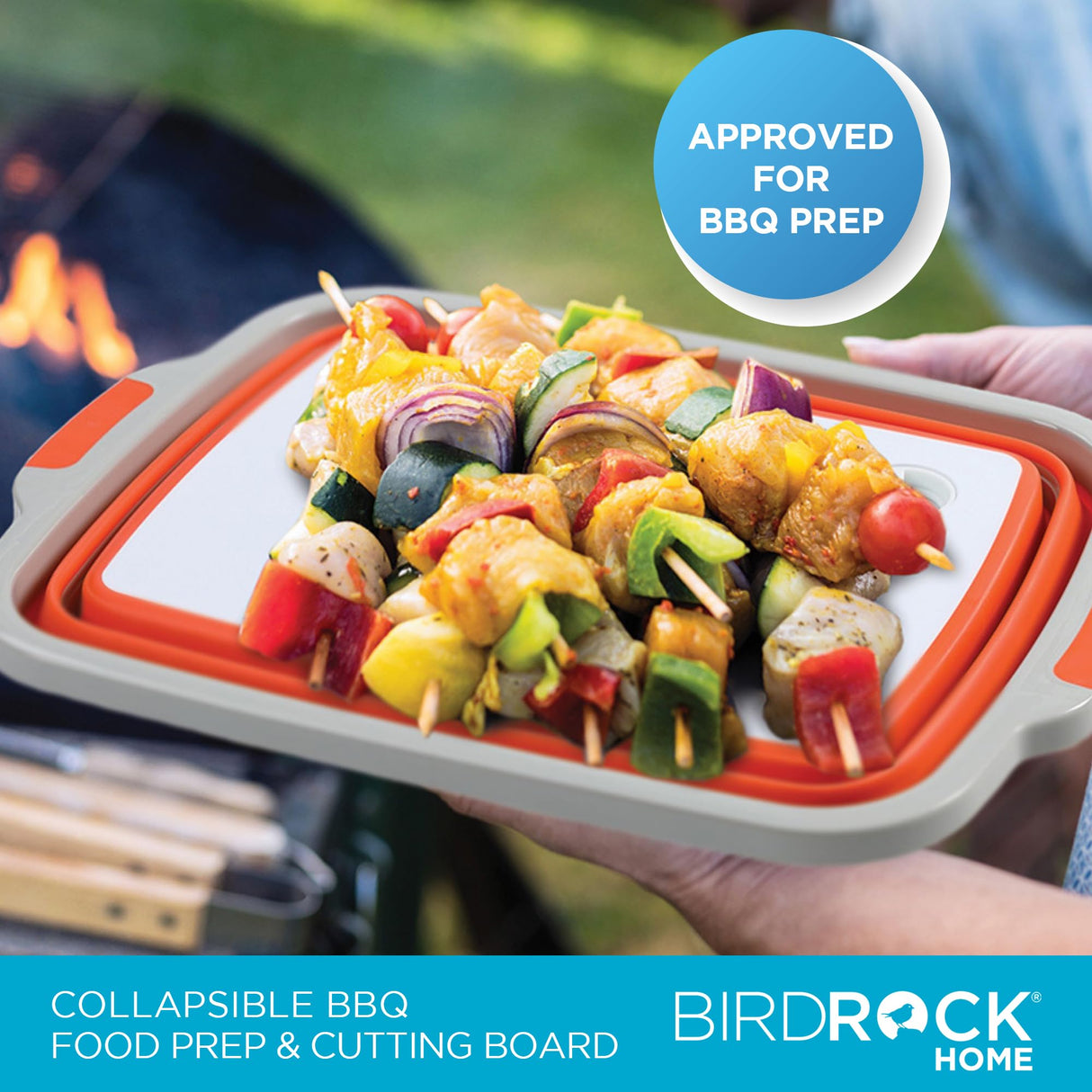 BIRDROCK HOME Collapsible Large BBQ Prep Tub w/Cutting Board, Multi-Function Grill Caddy w/Colander & Lid, Portable Silicone Dish Bowl for Picnic, Tailgate, Camping - Orange BIRDROCK HOME