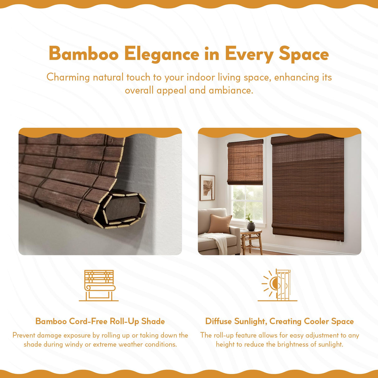 Radiance Cordless Bamboo Roman Shades for Windows - Flatstick Bamboo Blinds for Semi-Private Light Control - Easy to Lift & Fold Up Window Shades - Cocoa - 34 in. W x 64 in. L - (2216310E) Radiance