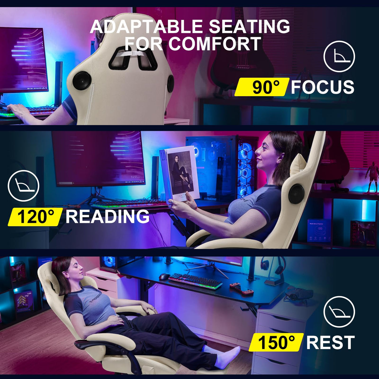 GTPLAYER Gaming Chair, Computer Chair with Footrest and Bluetooth Speakers, High Back Ergonomic Gaming Chair, Reclining Gaming Chair with Linkage Armrests for Adults by GTRacing (Leather, Ivory) GTPLAYER