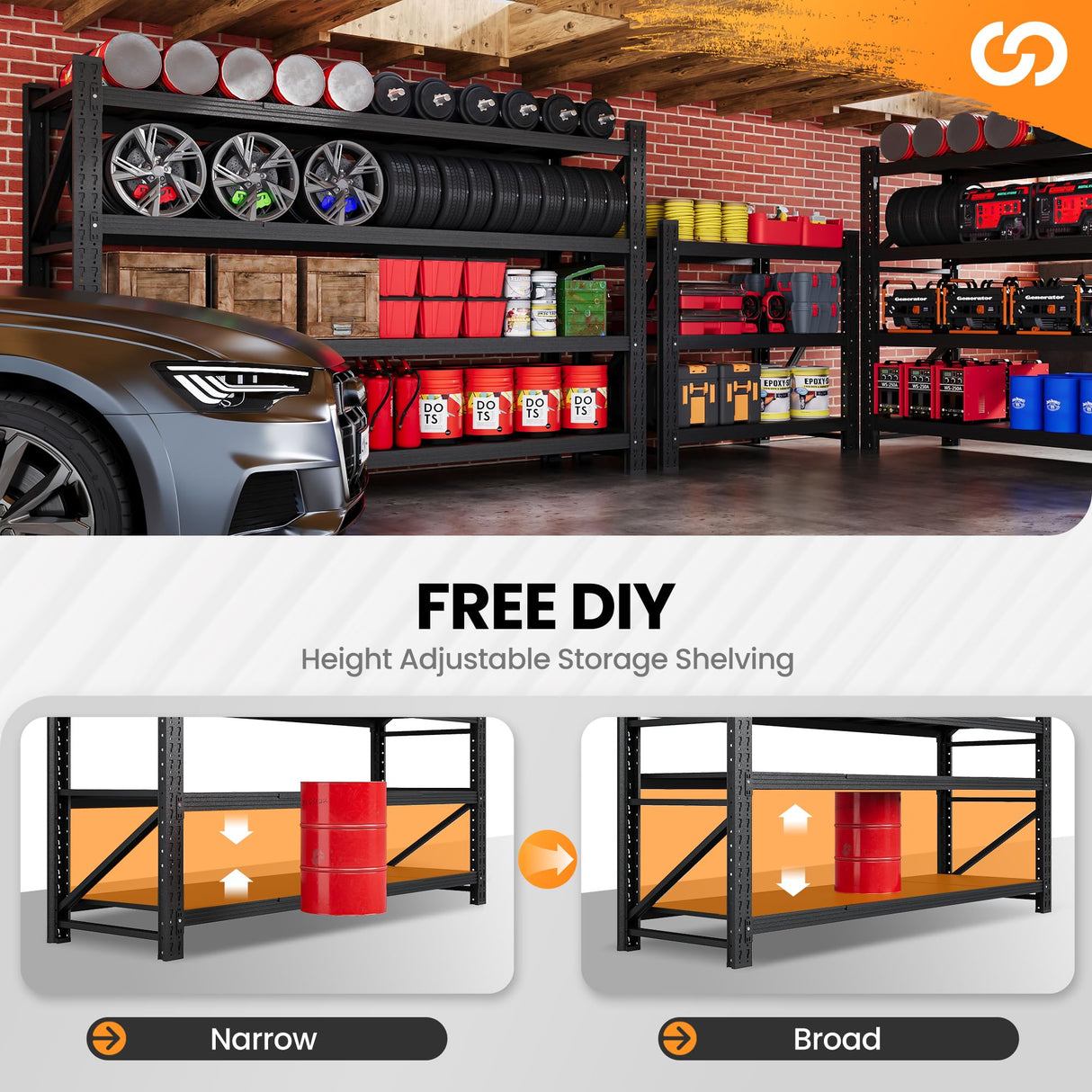 60” W Heavy Duty Garage Shelving, 5000LBS Metal Storage Shelves, 4 Tier Storage rack shelf, Steel Industrial Shelving , Adjustable Standing Shelf for Basement / Warehouse 60"W x 24"D x 70"H, Black AFAIF