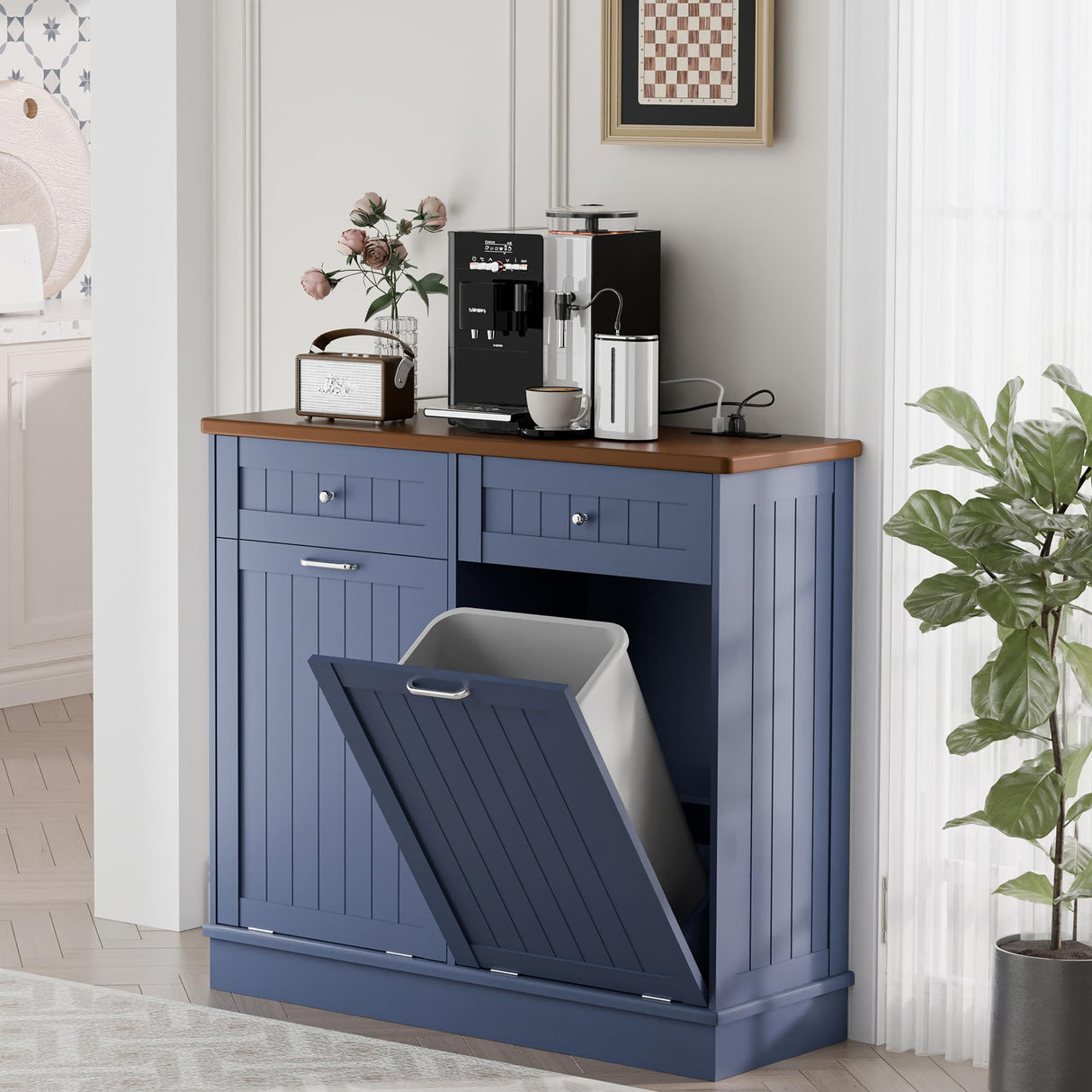 Betterhood Double Tilt Out Trash Cabinet with Power Outlet, 10 Gallon Trash Cabinet with Storage,Pet Proof Trash Can with 2 AC & USB Sockets for Kitchen,Living Room (Blue) Betterhood