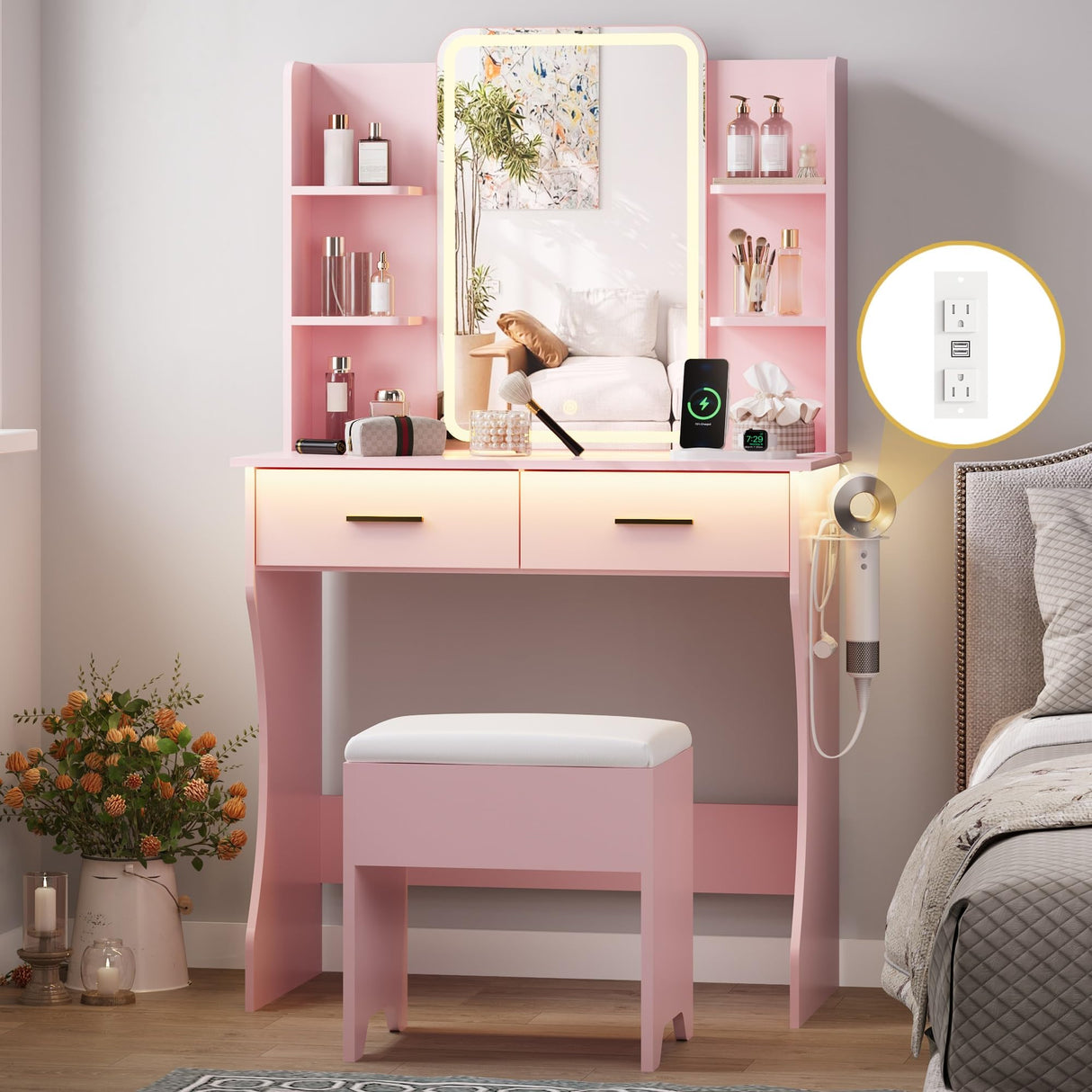 Small Vanity Desk with Mirror and Lights, Makeup Vanity with LED Lights, Pink Vanity Mirror with Lights Desk and Chair, 3 Lighting Adjustable Compact Vanity Mirror with Lights for Women, Girls HUANLEGO