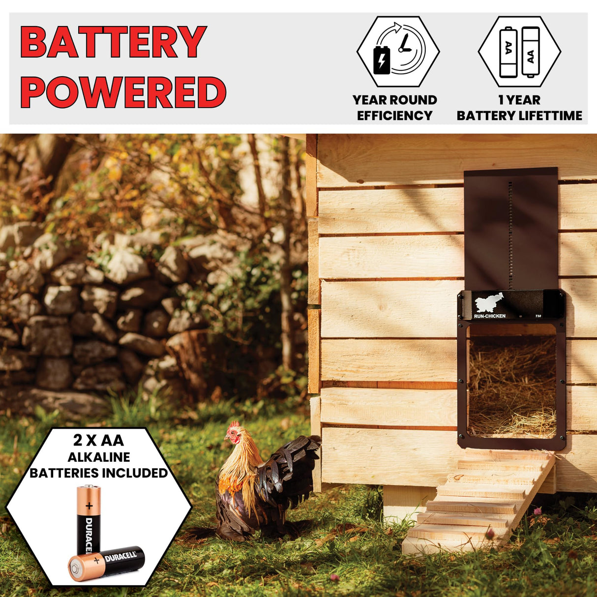 RUN-CHICKEN Door (Brown) Automatic Chicken Coop Door, Programmable with App, Battery Operated, Evening and Morning Delay, Aluminum Door, Electric Chicken Run Door, Model T50 RUN-CHICKEN