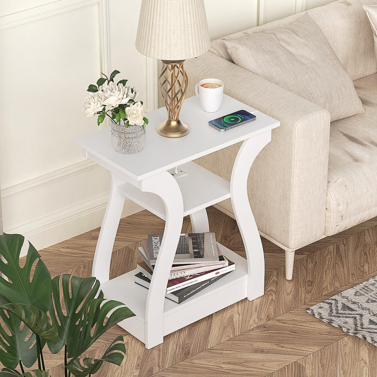 FROMJBEST End Tables Living Room, End Table with Charging Station, White End Table with USB,White Side Table, Nightstand for Bedroom, 3 Tier End Table with Storage Shelf for Living Room White FROMJBEST