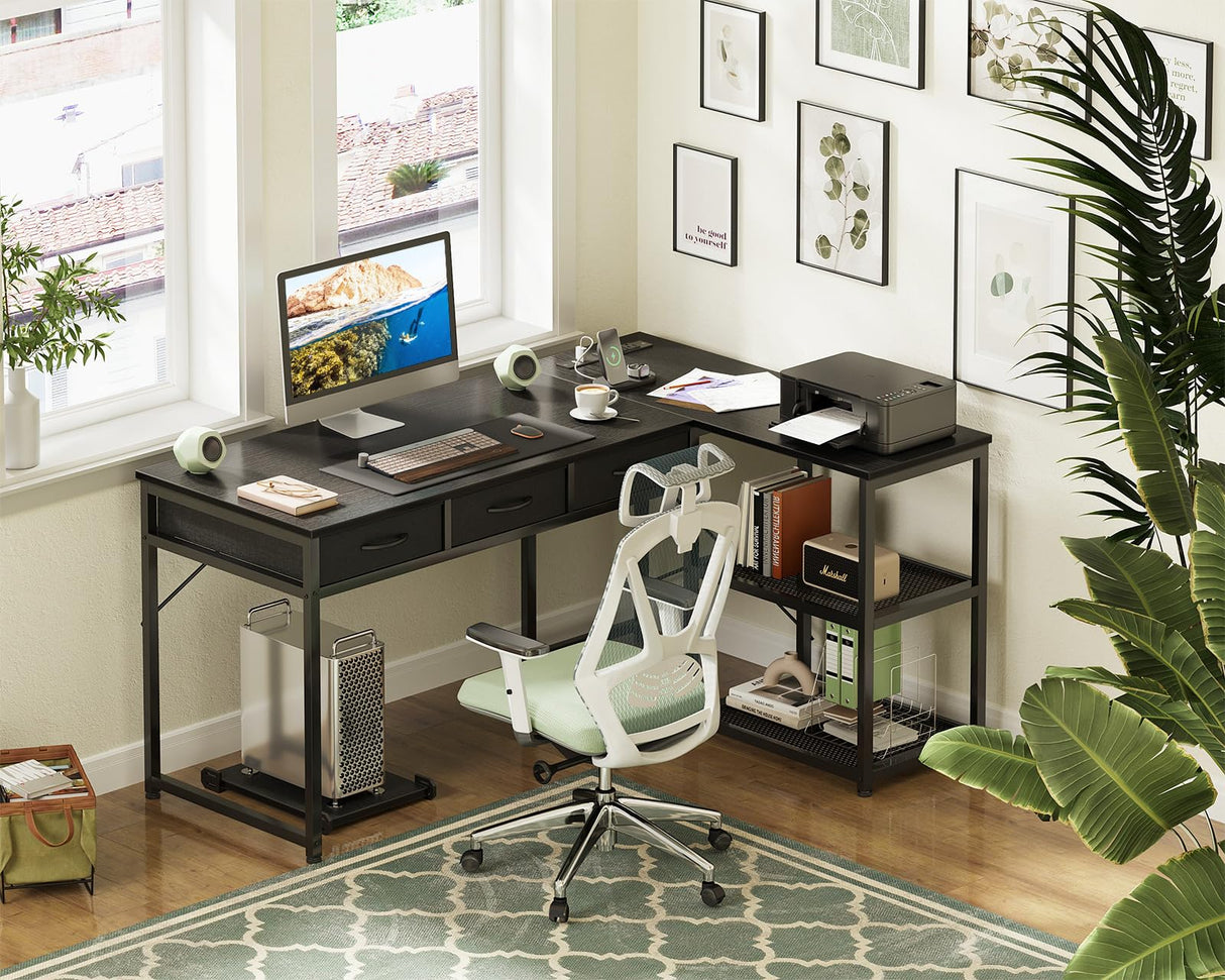 AODK 53 Inch Black L Shaped Computer Desk with Drawers & Power Outlets AODK