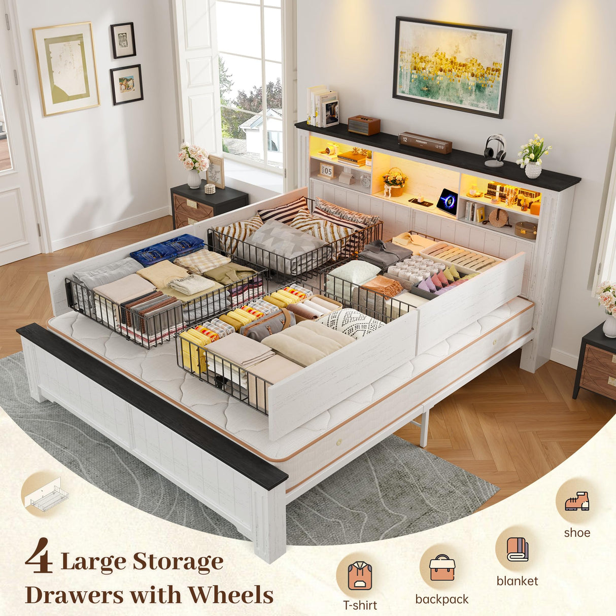 EnHomee Queen Bed Frame with Headboard, Bed Frame Queen Size with 4 Drawers Charging Port & LED, Farmhouse Queen Bed Built in Charging Station,No Box Spring Needed,NO Noise,White with Grain Marks EnHomee