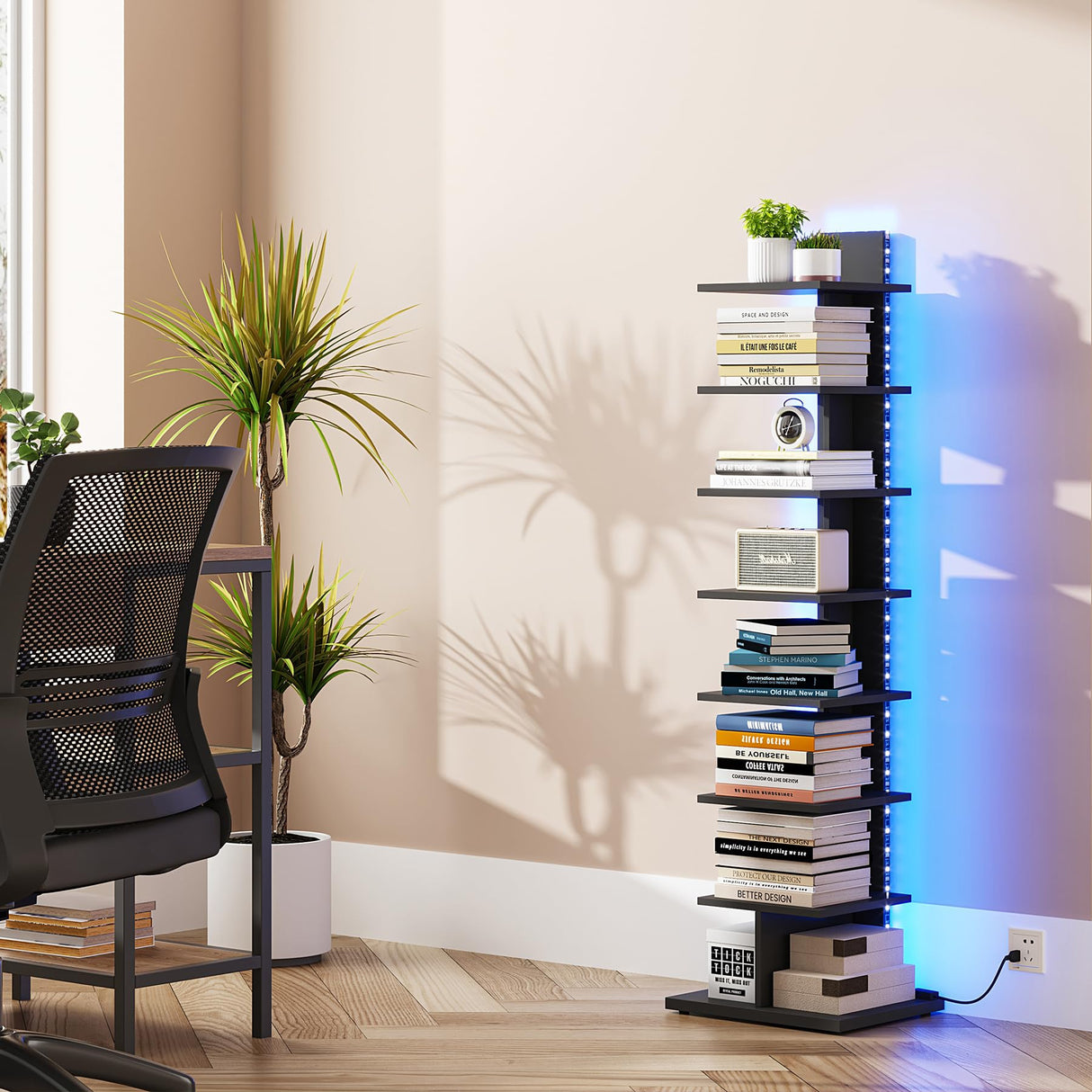 TUTOTAK Narrow Bookshelf, 8-Tier Bookcase with LED Lights, Spine Book Shelf for Small Space, Corner Standing Shelf for Living Room, Office, Study, Entryway, Black BS06BK008L TUTOTAK