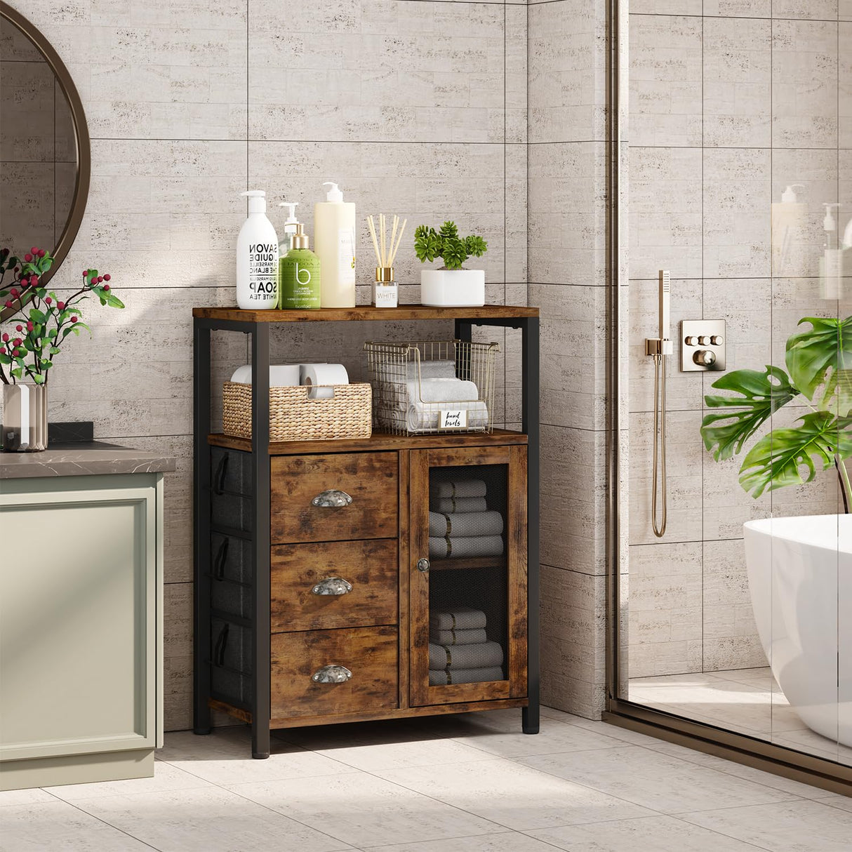 Homeiju Storage Cabinet, Bathroom Storage Cabinet Organizer with 3 Removable Drawers and 1 Door, Industrial Floor Storage Cabinet for Kitchen, Living Room, Bathroom, Home Office Homeiju