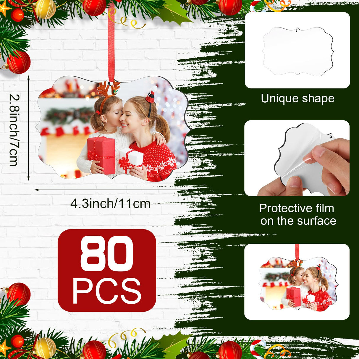 80 Pcs 4.3" x 2.8" Christmas Sublimation Ornament Blanks Double Sided Blank Heat Transfer Pendant Sublimation Christmas Ornaments MDF Board Personalized Sublimation Hanging Ornaments with Rope for DIY Zhehao