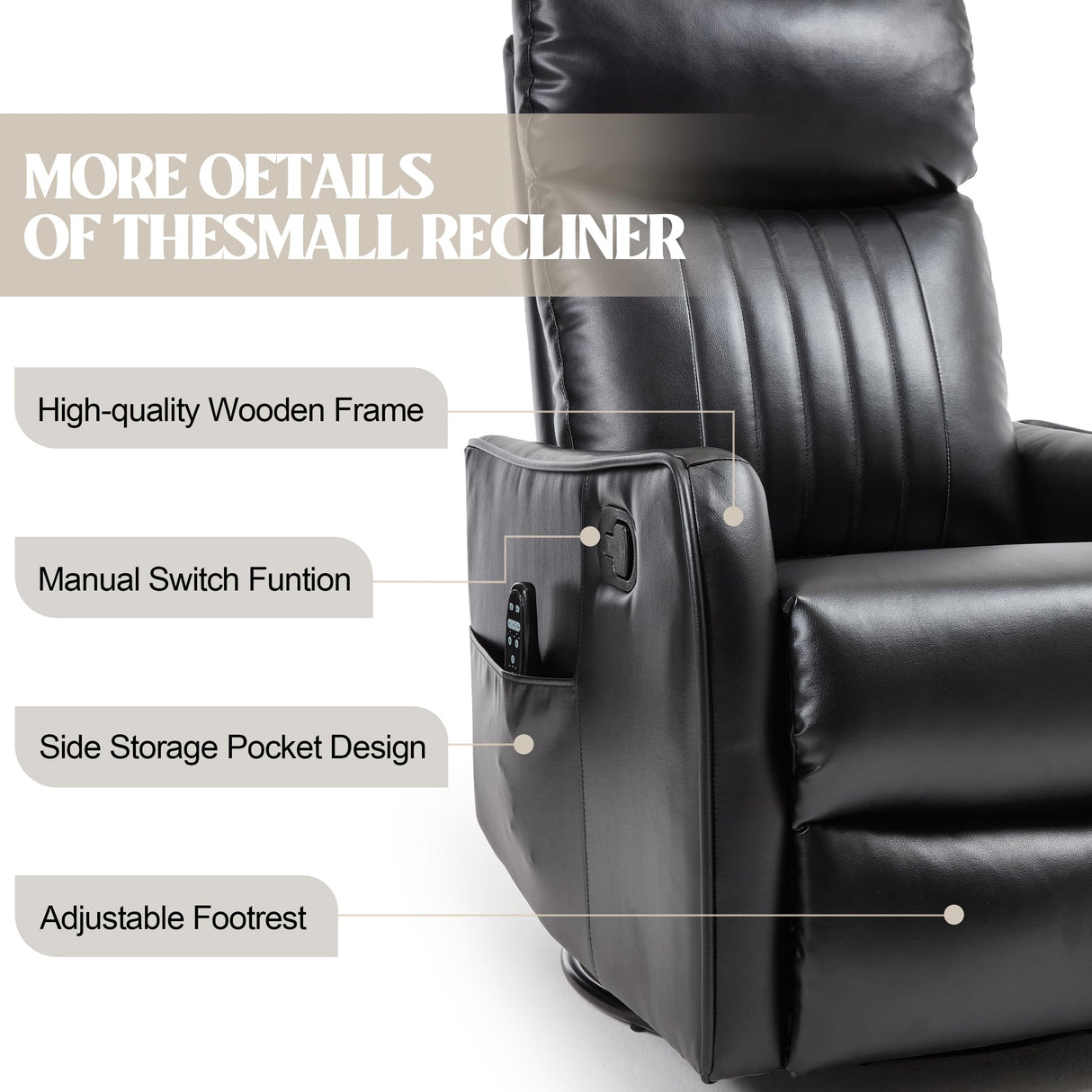 PELUMY Recliner Chair Swivel Rocking with Heat Massage - 360° Manual Recliner, 8-Point Vibrating & Lumbar Heat, Easy Assembly Chair for Living Room (Breathable Leather, Black) PELUMY