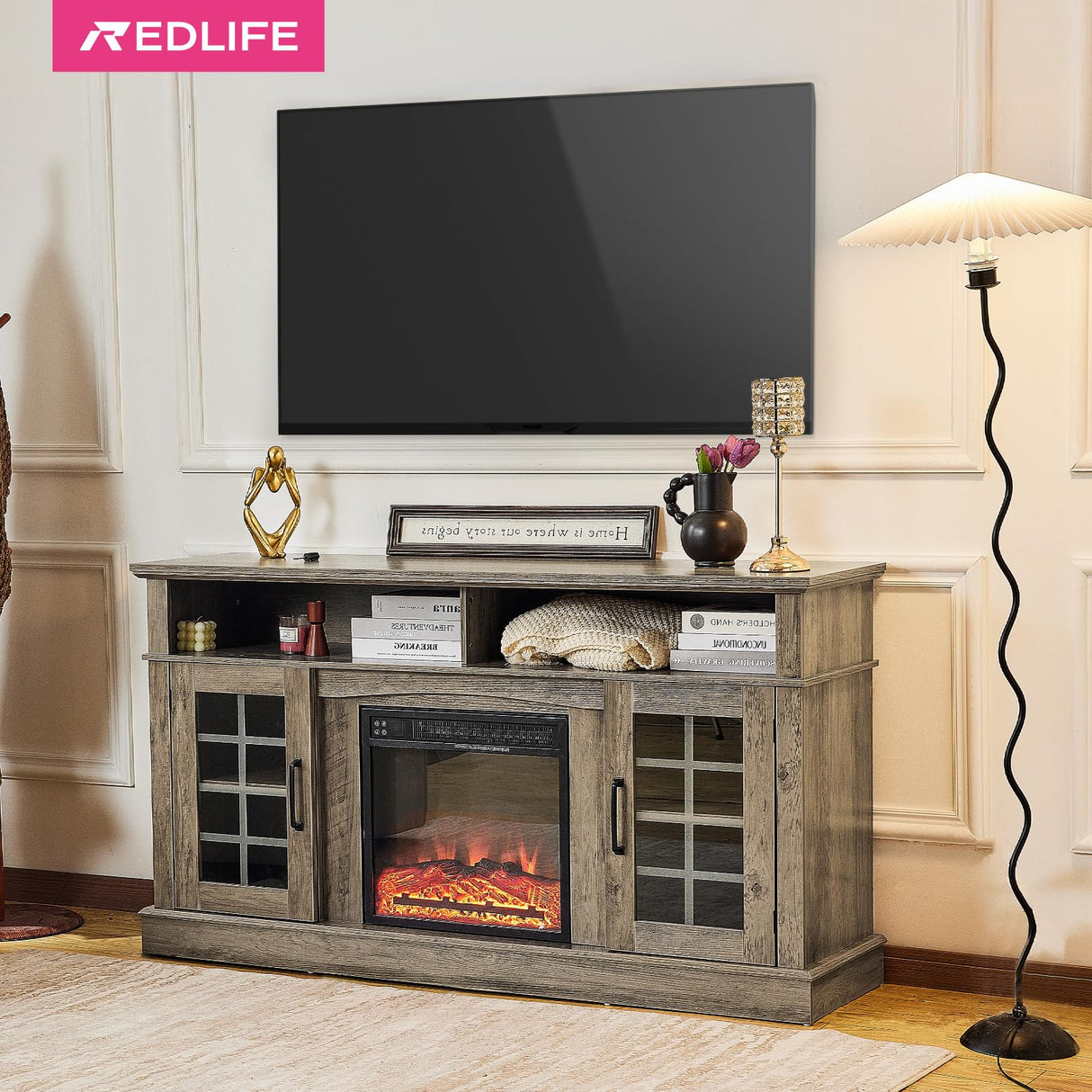 Redlife TV Stand with Fireplace for 65 Inch TV, Fireplace TV Stand, Farmhouse Entertainment Center with Fireplace, Media Console with Fireplace, TV Cabinet with Charging for Living Room (Brown) Redlifeᅟᅠ