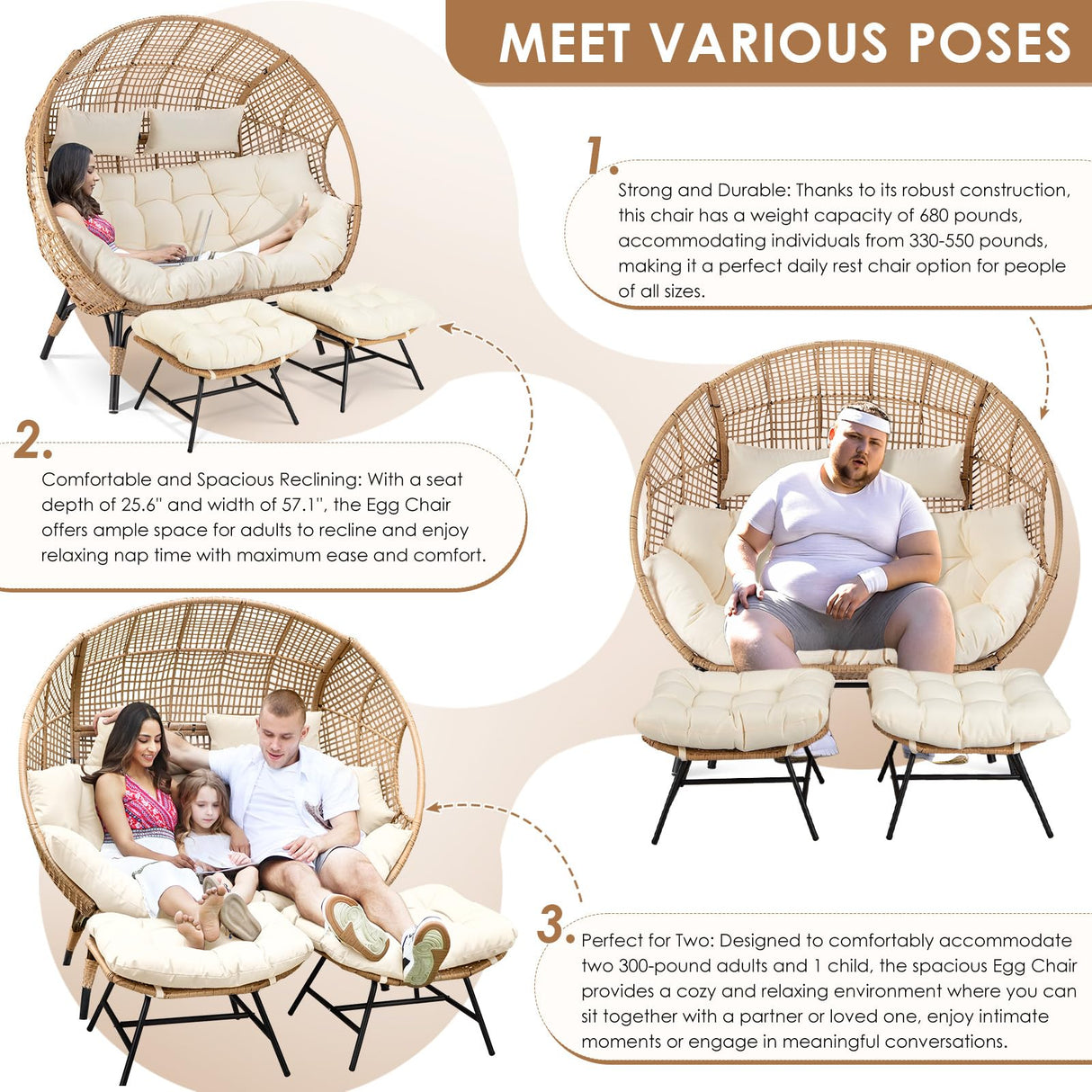 RADIATA Double Egg Chair with Footrests, 2 Person Wicker Lounge Chair with Thickened Cushion and Legs, Outdoor Wide Loveseat for Patio Garden Porch Indoor 680 lbs Weight Capacity (Beige with ottomans) RADIATA